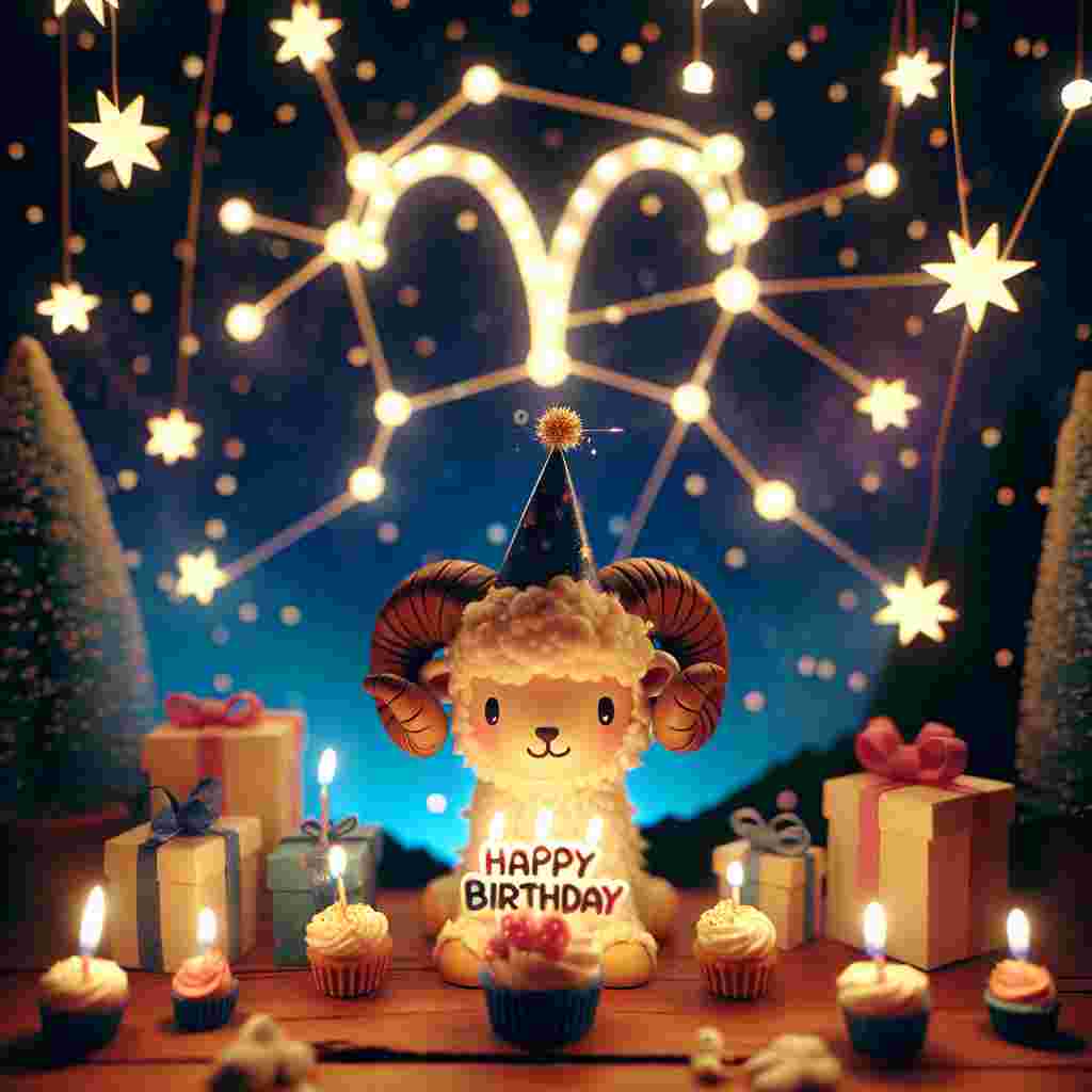 An adorable scene set under a starry night sky with a cartoon-style ram wearing a party hat, surrounded by tiny gifts and cupcakes with little sparkler candles. In the center, a glistening 'Happy Birthday' message is framed by a constellation that subtly resembles the Aries zodiac sign.
Generated with these themes: Aries Birthday Cards.
Made with ❤️ by AI.