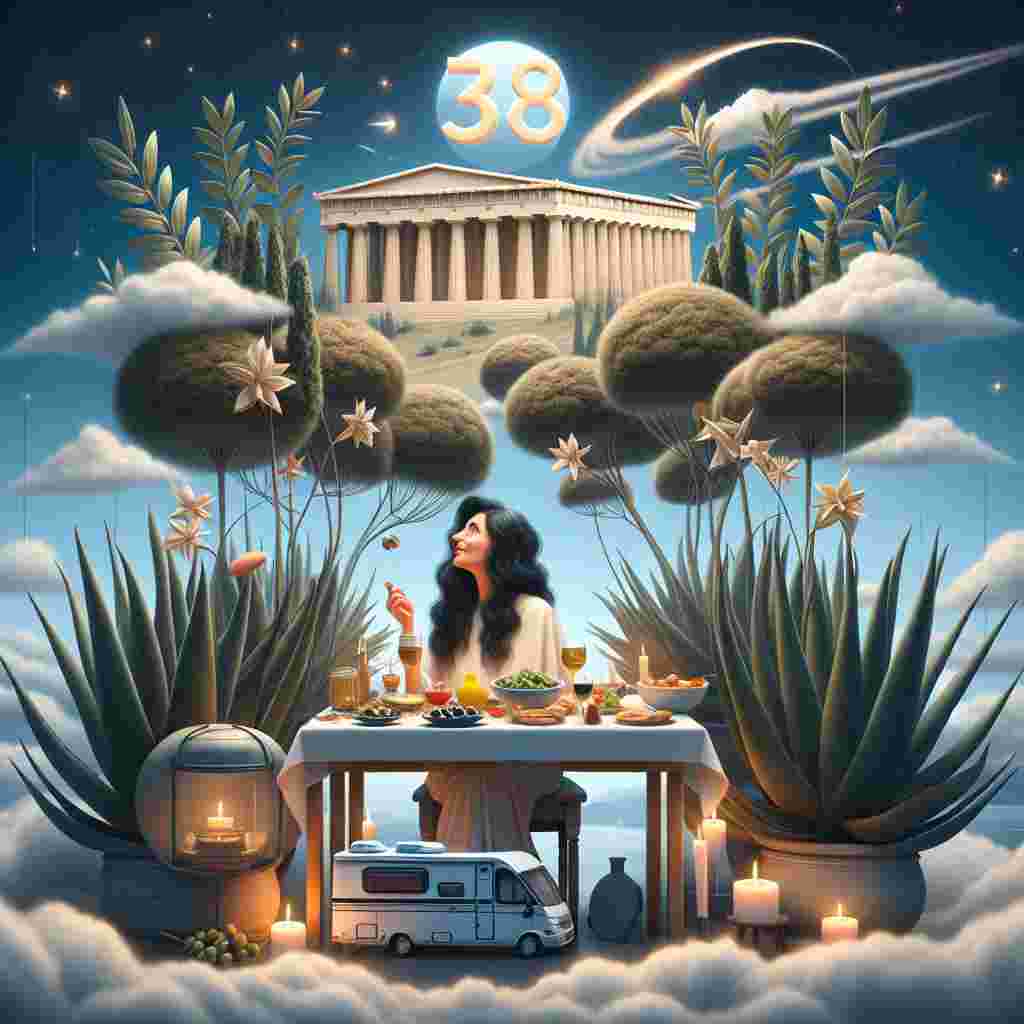 A 38th birthday celebration rendered in a surreal style. The scene is set in a dreamlike environment with the Acropolis monument from Greece, floating on a cloud above a woman with long, dark hair, who is subtly framed with laurel leaves, symbolizing her Greek Cypriot roots. She is contentedly seated at an ethereal dining table filled with traditional Greek foods, excluding olives. Enormous houseplants, signifying her growing year, are spread around her, reaching towards a star-filled sky. In the background, a grey motorhome, her cherished possession, is whimsically recreated as a refuge on oversized wheels, seeming poised for a magical trip.
Generated with these themes: Anita is turning 38, she is Cypriot and has long dark hair. She loves eating Greek food but not olives, she loves houseplants and her grey motorhome .
Made with ❤️ by AI.