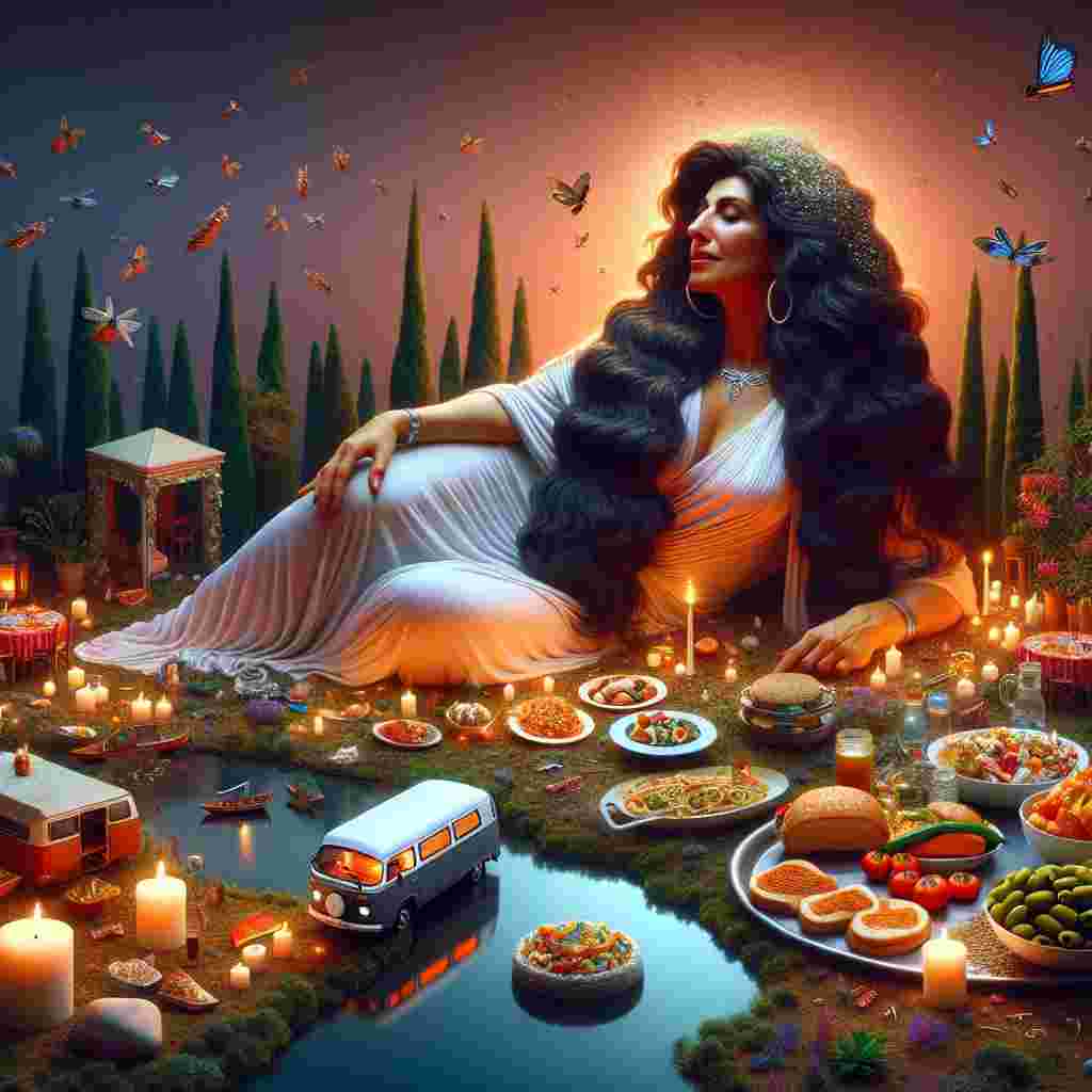 In this dreamlike image, Anita, a Middle-Eastern woman turning 38, manifests as a merry colossal figure in a diminutive landscape overflowing with Greek food selections, minus the olives, symbolizing her aversion for olives but fondness for Greek dishes. Her extravagant long, dark hair flows downward as she reclines beside a peaceful lake reflecting her grey camper van, currently a floating islet above. The setting is shrouded in an ambiance of twilight as nightfall descends, with glowing insects flitting about, casting a radiant shimmer that emphasizes the diverse indoor plants scattered around the scene, each peculiarly equipped with a candle, almost as if the flora themselves are participating to illuminate her momentous day. The utilization of vibrant, warm hues communicates a snug, homely sensation, akin to the comfort of appetizing grub and the liberty of highway journeying in her camper van.
Generated with these themes: Anita is turning 38, she is Cypriot and has long dark hair. She loves eating Greek food but not olives, she loves houseplants and her grey motorhome .
Made with ❤️ by AI.