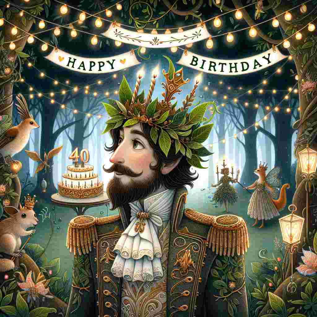A whimsical drawing capturing a magical garden party under string lights, with a 'Happy Birthday' sign swaying in the breeze. At the heart of the illustration is a character resembling the 'son' dressed regally to honor his 40th year, with a crown of leaves and surrounded by enchanting forest creatures.
Generated with these themes: son 40th  .
Made with ❤️ by AI.