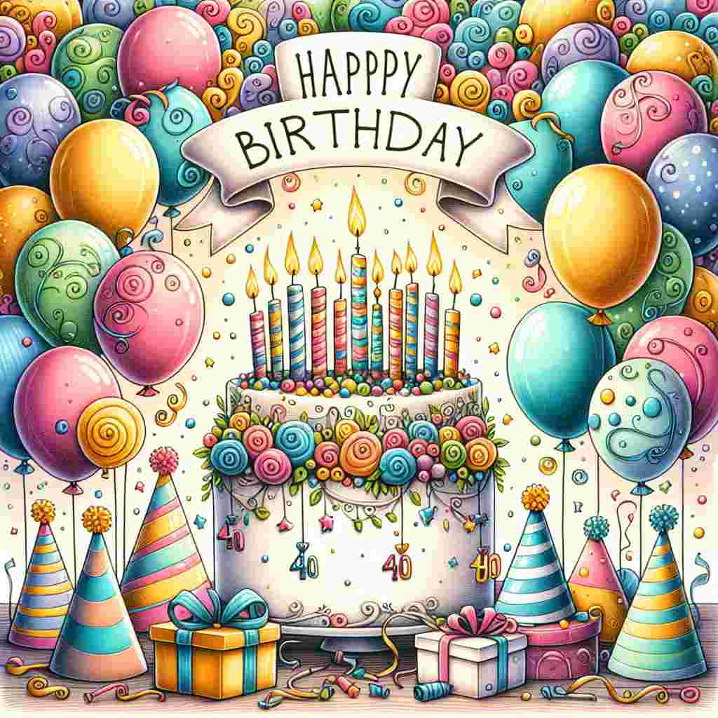 A charming illustration featuring a cheerful setting of colorful balloons and joyful party hats. Center stage is a cake with 40 glowing candles, playfully reminding the 'son' of his milestone. The words 'Happy Birthday' are inscribed in a whimsical font, floating like a banner above the festive scene.
Generated with these themes: son 40th  .
Made with ❤️ by AI.