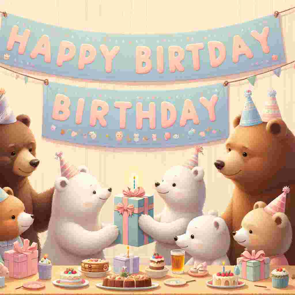 The design showcases a heartwarming array of adorable animals celebrating, with a banner reading 'Happy Birthday' stretched across the top. In the middle, a bear lovingly presents a gift to the 'son,' signifying his 40th birthday. Party hats and soft pastel decorations complete the tender atmosphere.
Generated with these themes: son 40th  .
Made with ❤️ by AI.