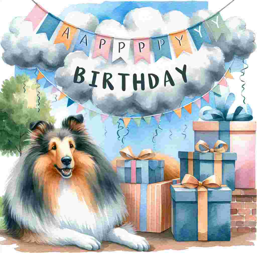 A watercolor illustration for a birthday, where a gentle-eyed Collie lies beside a pile of wrapped gifts. Party streamers dangle overhead and 'Happy Birthday' appears in the clouds as if written by the trail of a plane.
Generated with these themes: Collie  .
Made with ❤️ by AI.