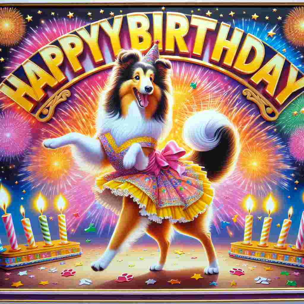 A cartoon-style birthday scene where a smiling Collie in a party dress dances amidst a burst of colorful fireworks. Next to the dog, a large 'Happy Birthday' sign is propped up, decorated with paw prints and stars.
Generated with these themes: Collie  .
Made with ❤️ by AI.