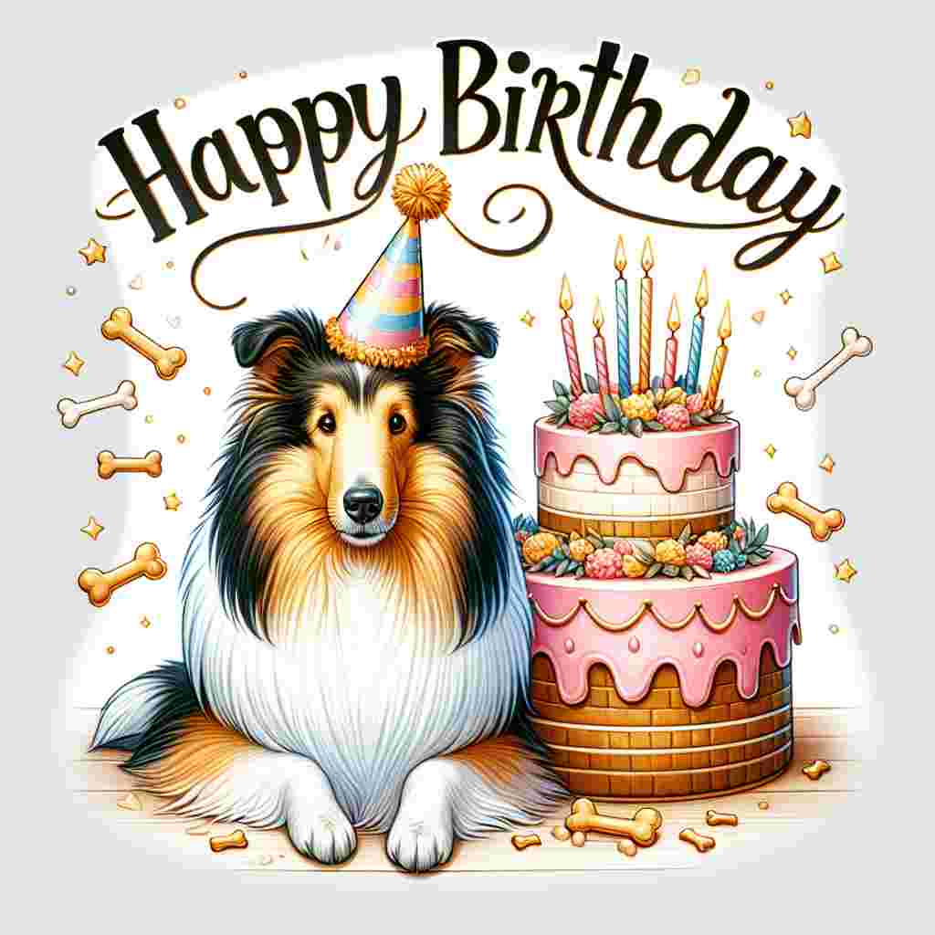 A joyful birthday illustration showcasing a fluffy Collie wearing a colorful party hat. The dog is sitting in front of a cake topped with bones instead of candles. Above this cheerful scene, 'Happy Birthday' is written in playful, bold letters.
Generated with these themes: Collie  .
Made with ❤️ by AI.