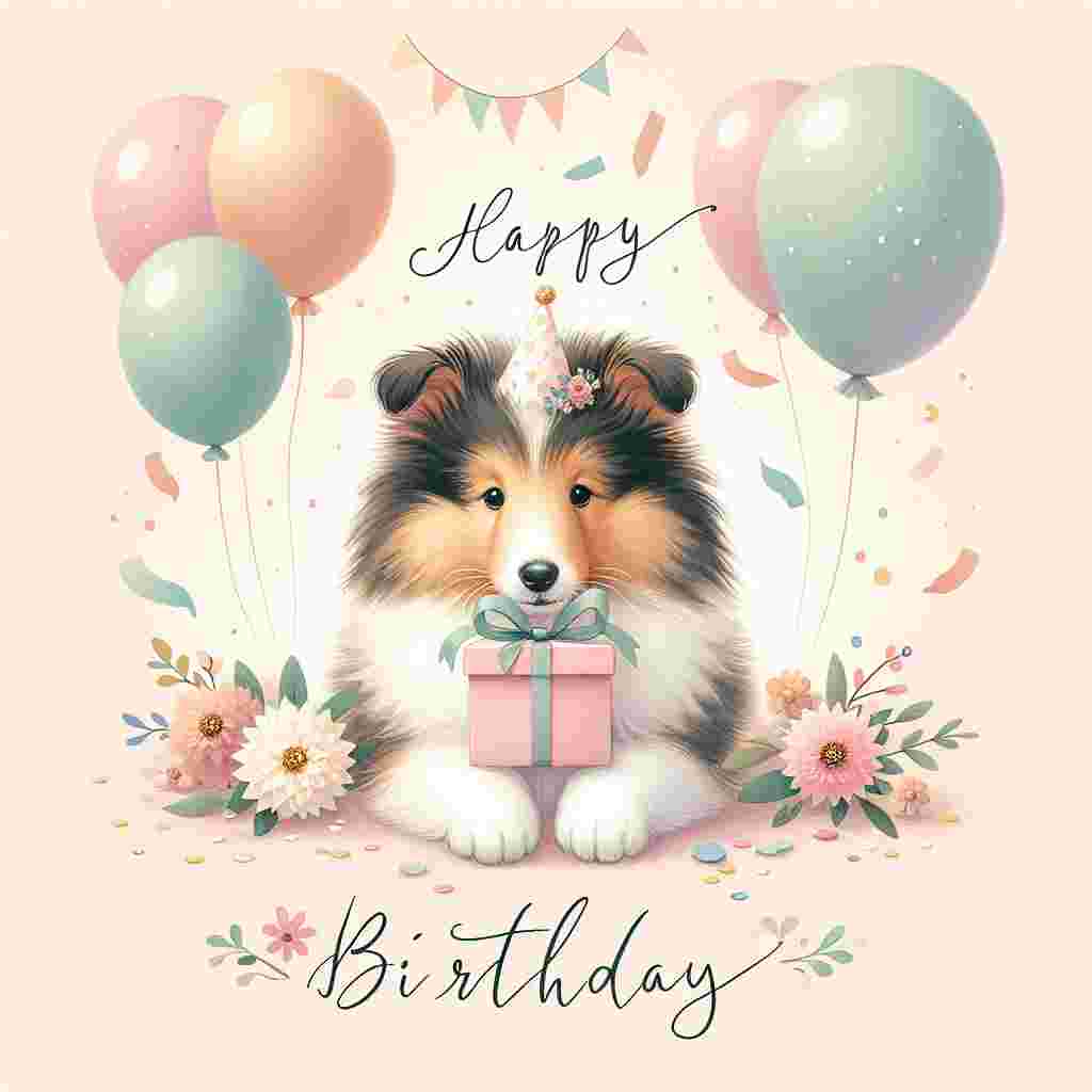 A pastel-themed birthday card featuring an adorable Collie puppy surrounded by balloons and confetti. The pup holds a birthday present in its mouth, with 'Happy Birthday' written in cursive above its head, framed by a garland of flowers.
Generated with these themes: Collie  .
Made with ❤️ by AI.