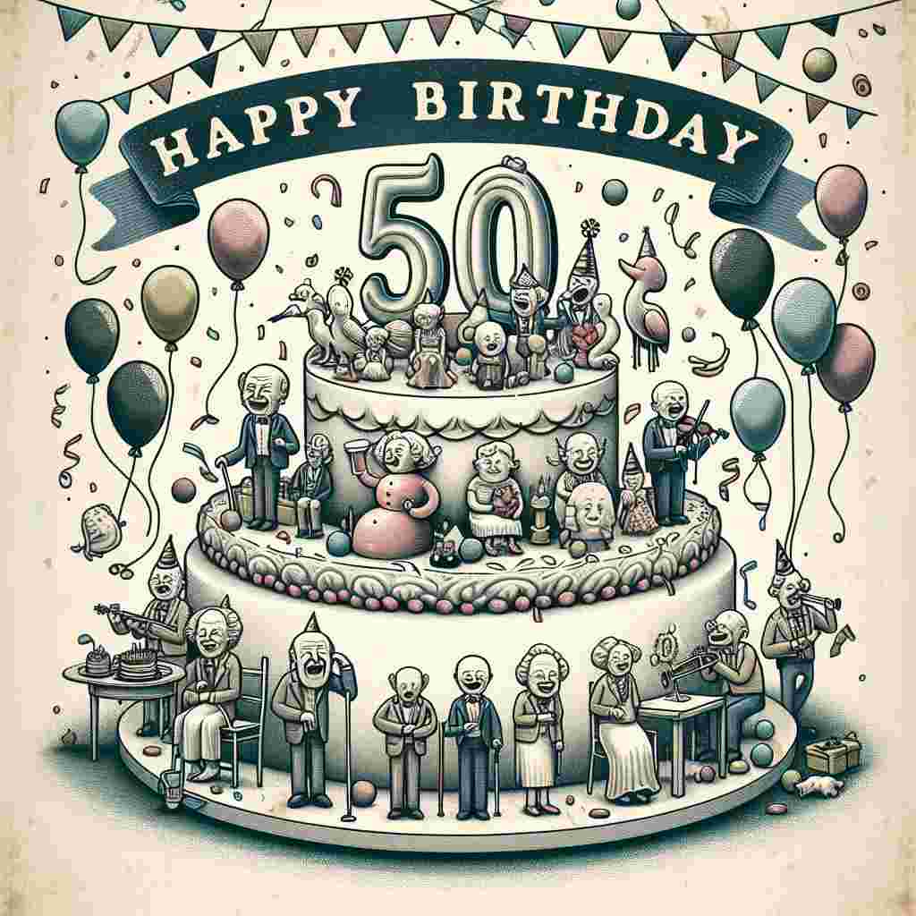 The scene depicts a funny 50th birthday with a vintage twist. It shows a cake shaped like a giant '50', topped with comical, mismatched figurines representing different stages of life. Around the cake, illustrations of balloons, streamers, and confetti add a celebratory touch. The top of the illustration boasts the text 'Happy Birthday' in a retro font, complementing the nostalgic vibe.
Generated with these themes: funny 50th  .
Made with ❤️ by AI.