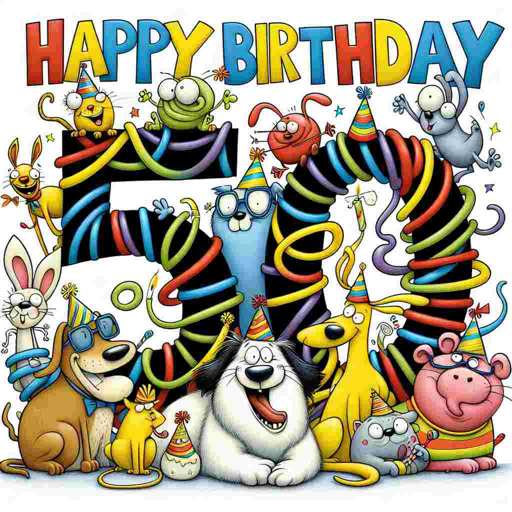 A whimsical illustration features a group of cartoon animals wearing party hats and humorous oversized glasses to celebrate a 50th birthday. In the center of the scene, a large, comical number '50' is cleverly entwined with the tail of a laughing cat. Above the merry ensemble, the text 'Happy Birthday' is written in playful, bold letters that match the festive color palette.
Generated with these themes: funny 50th  .
Made with ❤️ by AI.