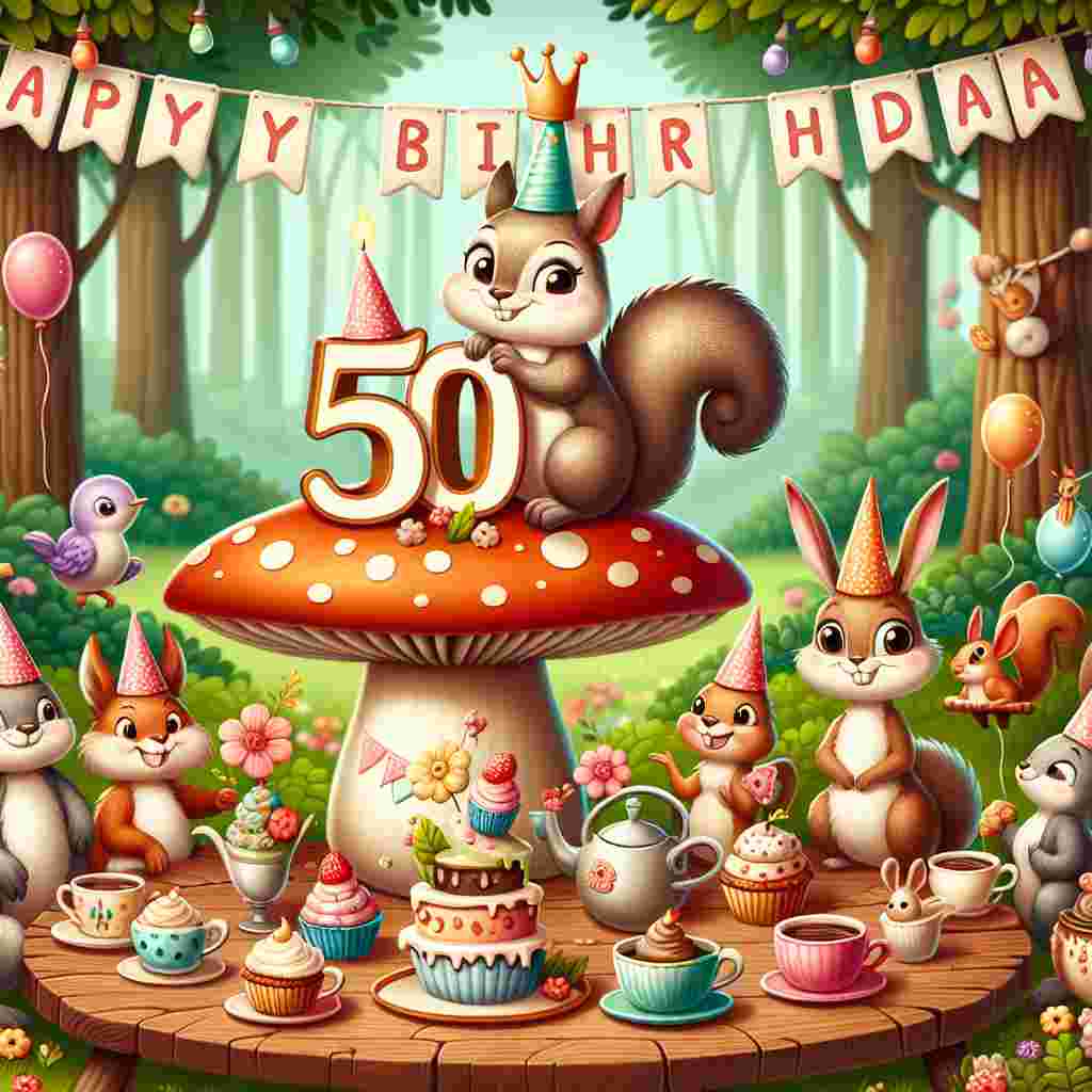 This cute birthday illustration portrays an endearing scene of a fairy-tale tea party with forest animals gathered around a whimsical '50'-shaped mushroom table. Party hats, cupcakes, and a banner reading 'Happy Birthday' all incorporate the funny 50th theme, with a mischievous squirrel cheekily showing its age with a pair of gag spectacles shaped like the number '50'.
Generated with these themes: funny 50th  .
Made with ❤️ by AI.