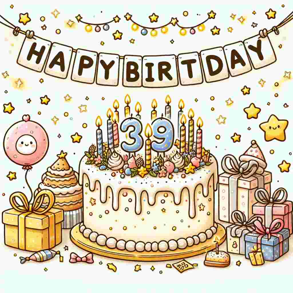 In this heartwarming scene, a cute, smiling cartoon cake with '39' candles dominates the center. Surrounding it are illustrated gifts and party hats, with the phrase 'Happy Birthday' hanging as a banner across the top, embellished with little stars.
Generated with these themes: 39th  .
Made with ❤️ by AI.