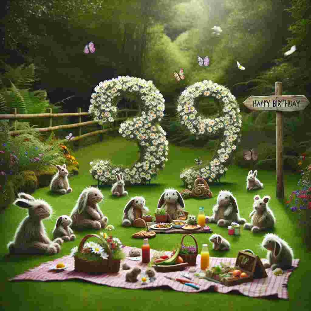 The scene is set with a serene garden background where a group of cuddly creatures are having a picnic. In the center of a blanket, a number '39' is formed by daisy flowers. The 'Happy Birthday' text is etched into the wooden signpost, with butterflies flitting about.
Generated with these themes: 39th  .
Made with ❤️ by AI.