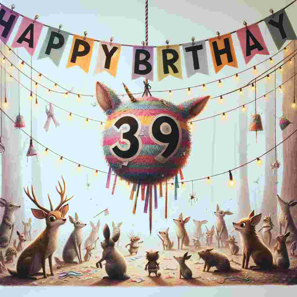A delightful depiction portraying a family of cartoon animals gathered around a '39' shaped piñata. Above them floats the message 'Happy Birthday' in bold, colorful letters, with strings of tiny lights and illustrated streamers creating a festive atmosphere.
Generated with these themes: 39th  .
Made with ❤️ by AI.