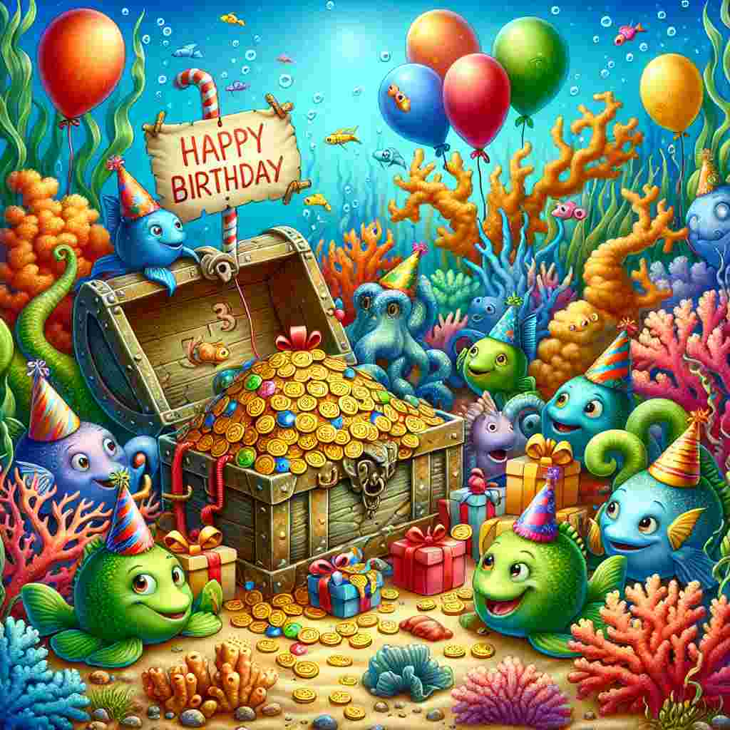 An underwater theme with friendly sea creatures wearing party hats, congregating around a treasure chest overflowing with presents and gold coins engraved with the number '13.' Coral and seaweed decorations twine around a sign that bubbles up the message 'Happy Birthday,' creating an enchanting marine birthday celebration.
Generated with these themes: 13th kids  .
Made with ❤️ by AI.