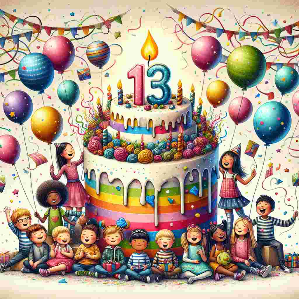 A vibrant illustration featuring a group of kids joyfully gathered around a large, colorful cake with a '13' candle on top. Whimsical decorations like balloons, confetti, and streamers add to the birthday ambiance. The words 'Happy Birthday' float above in a playful, hand-written font, surrounded by little stars and hearts.
Generated with these themes: 13th kids  .
Made with ❤️ by AI.