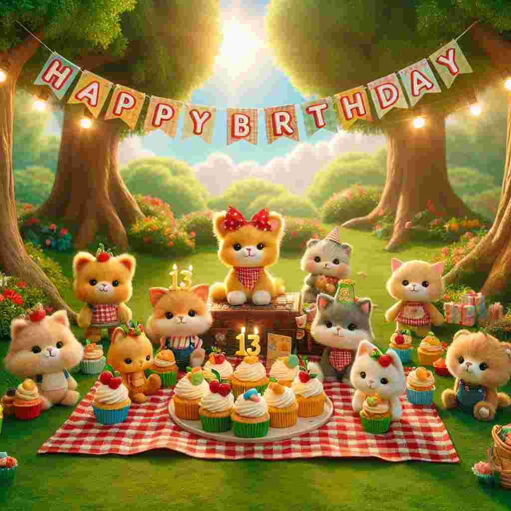 A cozy scene where cute animals are having a picnic-style birthday party in a sunlit park, with a red and white checkered blanket laden with cupcakes that have a number '13' topper. In the background, a banner strung between trees reads 'Happy Birthday' in cheerful, bold letters, complementing the warmth of the illustration.
Generated with these themes: 13th kids  .
Made with ❤️ by AI.