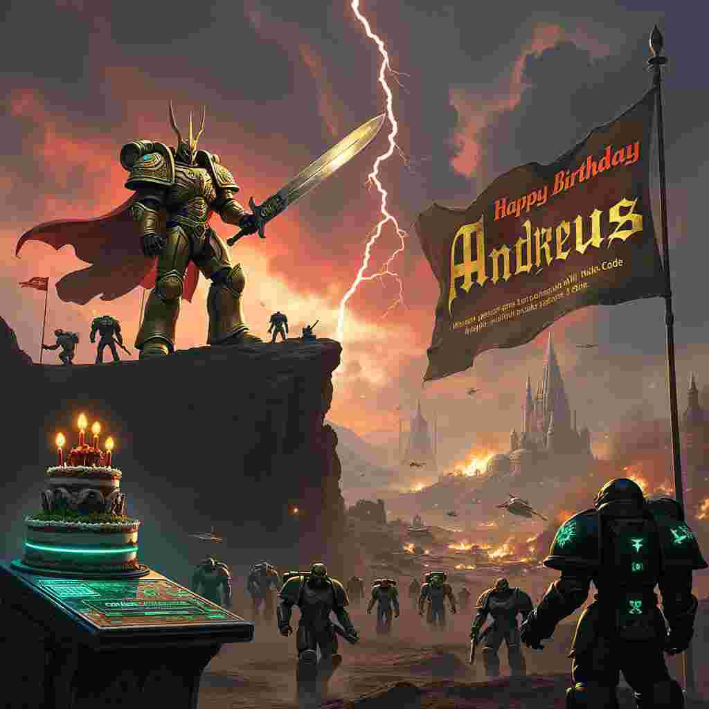 The scene depicts a futuristic, Warhammer 40,000-inspired birthday celebration set on an alien planet. The background shows a dramatic, darkened sky streaked with red and purple clouds, with the name "Andreus" boldly written in golden, lightning-filled script amidst the stormy clouds. In the foreground, a towering God-Emperor figure, clad in intricate golden armor and holding a massive, ornate sword, stands upon a cliff edge. Below him, a battalion of Space Marines, each in their distinctive power armor, are lined up in neat ranks. 

To the right of the God-Emperor, there's a large banner unfurled, flapping in the wind, which reads "Happy Birthday Andreus" in gothic, blood-red lettering. To the left, a colossal birthday cake shaped like a fortress with turrets and battlements sits on a metallic platform. The cake is decorated with miniatures of Space Marines and tanks, and is topped with sparking candles that resemble miniature flame-throwers.

In the midground, various Xenos and Heretics are depicted fleeing in terror towards the edges of the card, chased by Space Marines wielding bolters and chainswords. Some of the Xenos are grotesque alien creatures with multiple limbs and eyes, while the Heretics appear as corrupted, hooded figures wielding dark magic. 

Astropathic relay towers, glowing with eerie green energy, dot the landscape, and near the bottom left corner, a high-tech console displays "Mission specifics and Unlock-Code will be transmitted via Astropath. Begin mission September 9th." in a scrolling LED text.

In the far background, you can see a vast and chaotic battlefield, filled with explosions, crashed spaceships, and towering war machines, creating an epic scene of conflict and honor befitting the grand mission bestowed upon Andreus.
Generated with these themes: The God Emperor bestows upon you the honor to purge all the Xenos and Heretics. Begin mission September 9th. Mission specifics and Unlock-Code will be trensmitted via Astropath.
Made with ❤️ by AI.