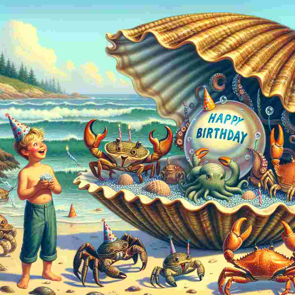A seaside scene comes to life where a playful group of marine animals orchestrate a surprise party on the sandy shore for the son. A giant clam opens to reveal 'Happy Birthday' on a pearl, while crabs, fish, and a friendly octopus wear party hats, celebrating with the boy amid the ocean breeze.
Generated with these themes:   for son.
Made with ❤️ by AI.