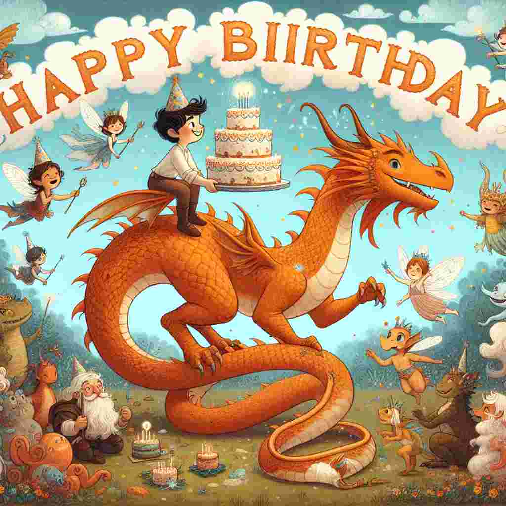 The illustration features a fantasy setting where a young dragon wraps its tail around a birthday cake, presenting it to the son who sits astride its back. Magical creatures gather around, and in the sky above, clouds form the words 'Happy Birthday,' completing this mythical birthday scene.
Generated with these themes:   for son.
Made with ❤️ by AI.