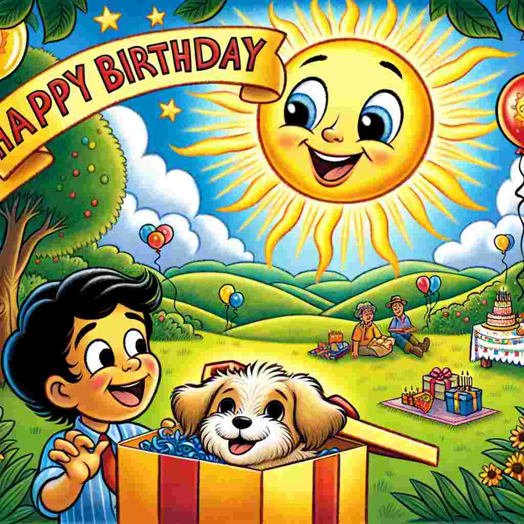 A whimsical drawing depicts a cartoonish landscape with a bright sun smiling down on a festive birthday picnic in a park. A banner overhead reads 'Happy Birthday.' In the foreground, a boy joyfully opens a present with a puppy peeking out, indicating the son's special day.
Generated with these themes:   for son.
Made with ❤️ by AI.
