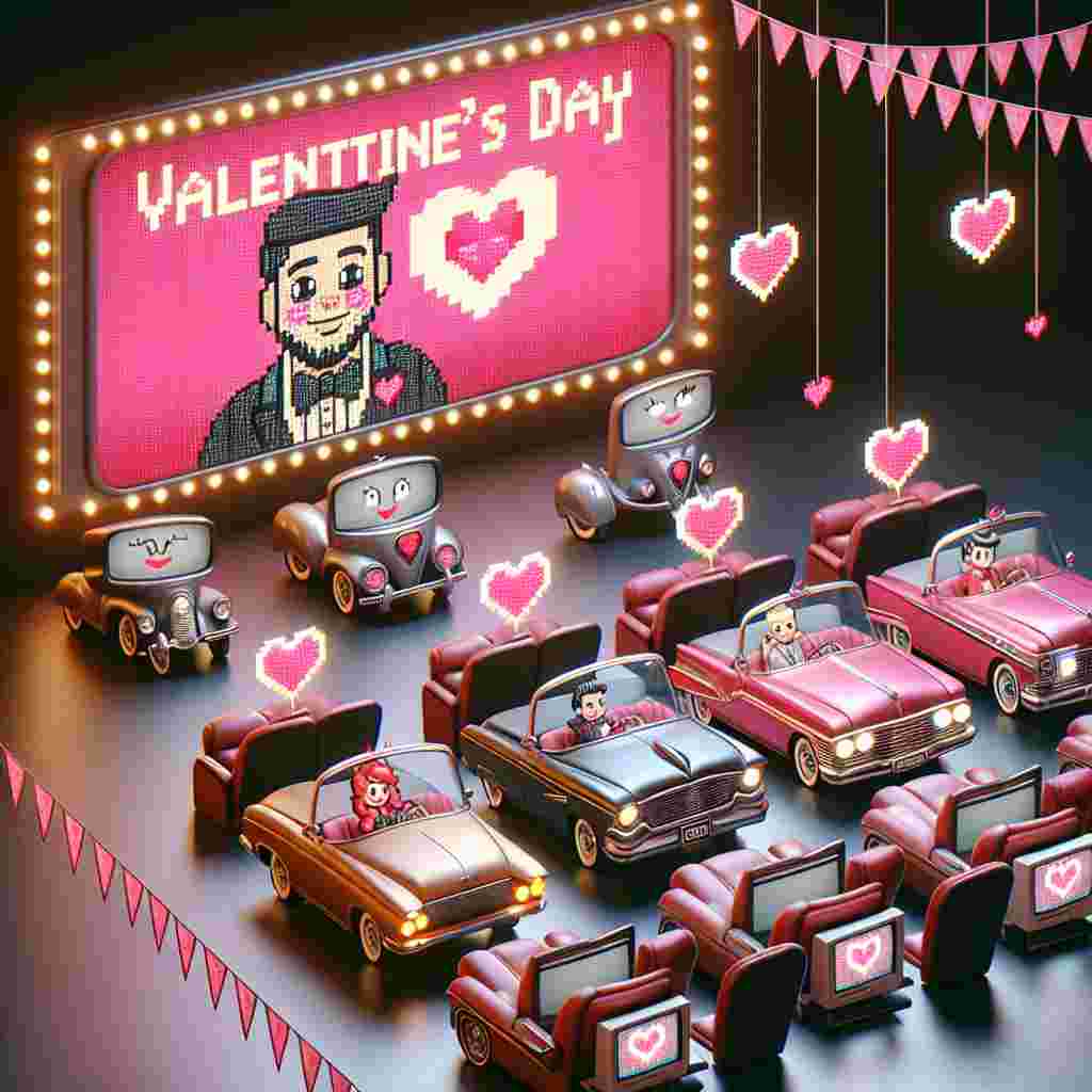 This is a portrayal of a Valentine's Day event set in a comfortable, animated theatre. Classic cars, decorated with blinking eyes and pink cheeks, are positioned like theatre seating. Rather than specific characters, let's imagine delightful cartoon figures on stage presenting Valentine's cards to their companions. They all carry the charismatic aura of a time-traveling gent/lass from an undisclosed animated series. Overhead, computer screens act as festive pennants, showcasing pixelated hearts and romantic digital signs to create a celebratory atmosphere.
Generated with these themes: Theatre Dr Who cars computers.
Made with ❤️ by AI.