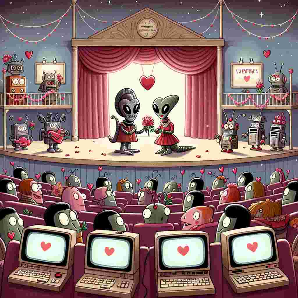A playful Valentine's Day cartoon scene set in a quaint theatre. The audience, filled with an assortment of charming, curious automobiles with smiling faces, watches a unique Valentine's performance on stage where alien-inspired cartoon characters, exchanging heart-shaped tokens and roses. They maintain some visually distinct characteristics such as being unusually tall or wearing long scarves, similar to certain characters in old British sci-fi TV series. Around them, vintage computers are cleverly integrated as part of the set design, their screens aglow with messages of love and hearts.
Generated with these themes: Theatre Dr Who cars computers.
Made with ❤️ by AI.