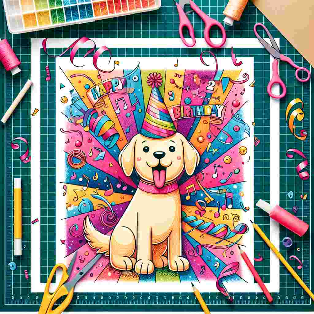 Create a whimsical birthday-themed vector illustration overflowing with charm. The central figure is a joyous Labrador, complete with a party hat. The Labrador is surrounded by a vibrant background of music notes and streamers, suggesting joy and festivity. Around the image's border, integrate elements commonly associated with crafting, such as scissors, glue, and pieces of paper, all arranged in an artistic manner to connote creativity and celebration.
Generated with these themes: Labrador, Musicals, and Crafts.
Made with ❤️ by AI.