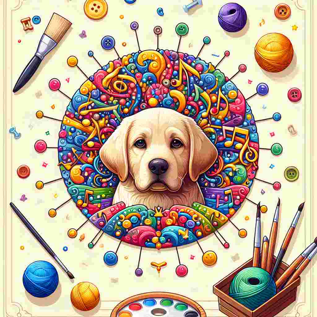 Generate a detailed and heartwarming vector illustration meant for a birthday celebration, with the central figure being an adorable Labrador. The dog is surrounded by a brightly colored collection of music symbols that harken to the lively energy of Broadway. Bordering this animated central image are elements related to crafting, such as balls of yarn, paintbrushes, and buttons, which lend a comforting homemade charm to the overall composition.
Generated with these themes: Labrador, Musicals, and Crafts.
Made with ❤️ by AI.
