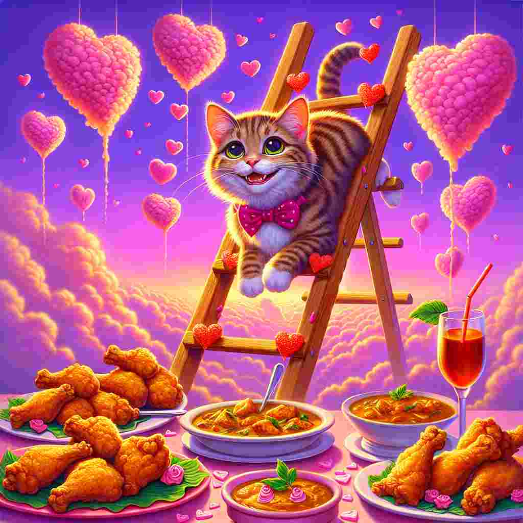 In this charming depiction of Valentine's day, visualize a wide-eyed tabby cat, whose bow tie is festooned with heart embellishments, joyfully climbing a ladder constructed out of crispy, golden-brown chicken drumsticks. At the top awaits a delightful banquet: An array of curry dishes fashioned into love hearts served on metaphorical plates sculpted from the essence of affection. The heavens above exude romance, stained with blushing shades of pink and purple, where clouds mimicking fluffy cotton-candy are idly suspended, bringing an added dimension of whimsy to this cartoon-like scene.
Generated with these themes: Tabby cat, Climbing, Kfc, and Curry.
Made with ❤️ by AI.