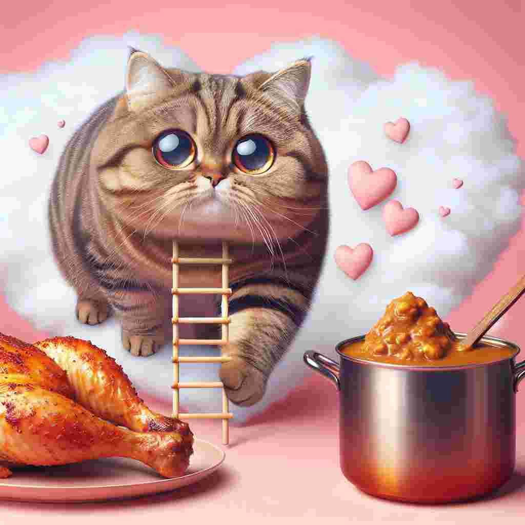 A chubby tabby cat with oversized, sparkly eyes takes the spotlight in the foreground, with its fur impeccably styled for Valentine's Day. The cat is showcased mid-climb on a whimsical ladder crafted out of chicken drumsticks, ascending towards a heart-shaped cloud. Next to the ladder, an effervescent pot of aromatic curry brings a unique and savory aroma to the picture, creating a contrast with the sweet, fluffy clouds that decorate the sky in soft shades of pink and red.
Generated with these themes: Tabby cat, Climbing, Kfc, and Curry.
Made with ❤️ by AI.