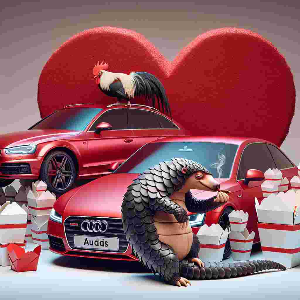 A quirky Valentine's Day cartoon scene plays out, featuring a sophisticated pangolin with a smoldering joint in its claw, leaning against a lustrous red Audi. Unusual as it may sound, the car is perched atop an intriguingly arranged pile of Chinese takeaway boxes, forming a heart shape around them. Adding a comedic touch to the backdrop is a ludicrously oversized rooster, with a mischievous gleam in its eye, sauntering by, winking at the odd pairing of pangolin and car, injecting an additional degree of absurdity into this love-inspired, dreamlike tableau.
Generated with these themes: Pangolin, Smoking weed, Audi, Chinese takeaway, and Big cock.
Made with ❤️ by AI.