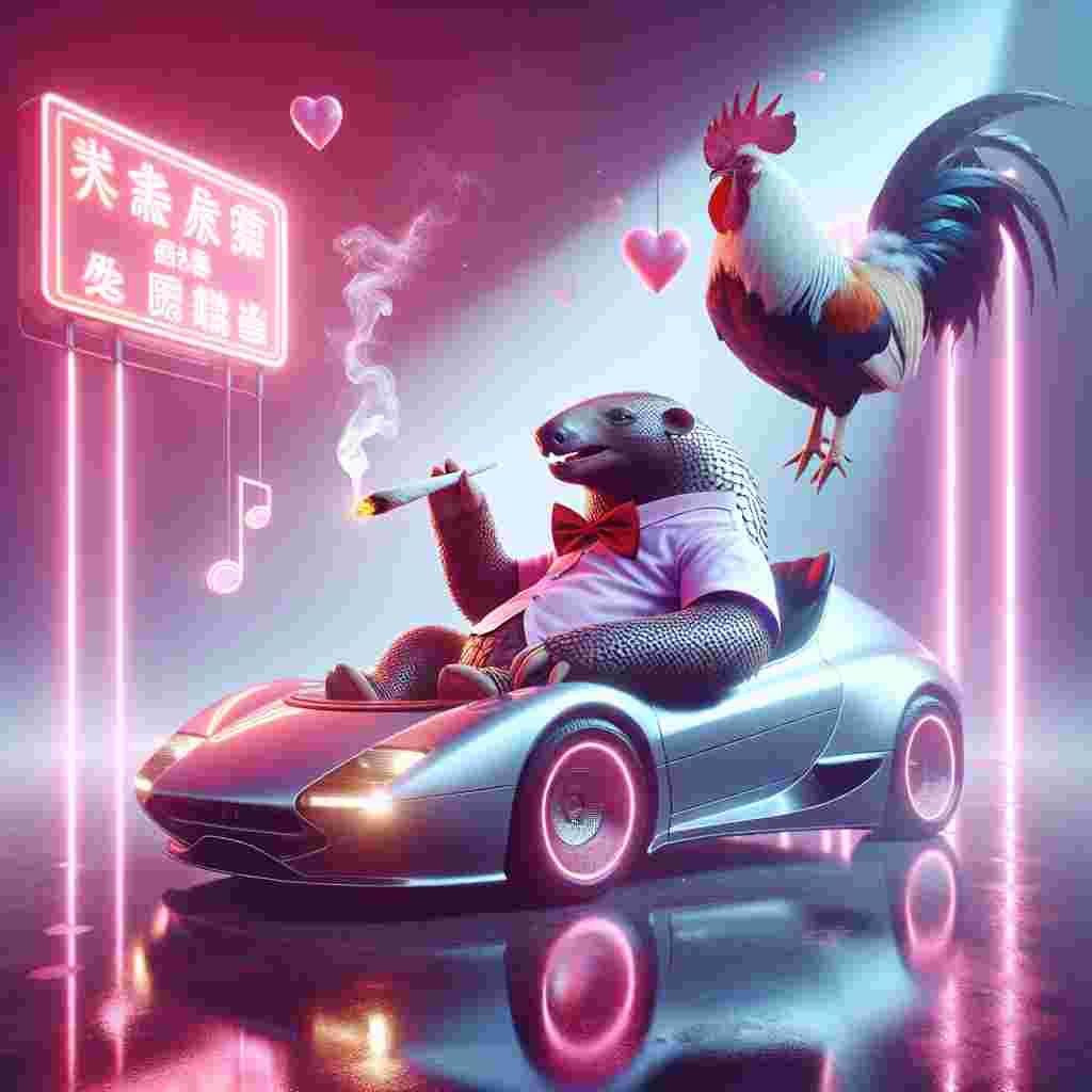 Create an image with a unique Valentine's Day theme. The main protagonist is an anthropomorphic pangolin casually taking a puff from a joint. It's situated inside a futuristic, sleek car that has oddly been integrated into a considerable Chinese takeaway box. The vehicle shines under the light from pink neon signs, producing a dreamy reflection. Suspended high, a gigantic rooster, playfully referred to as the 'big cock', with a bow tie, assumes the role of a surreal cupid. Emanating in the surrounding environment are ominous yet sublime musical notes, implying an element of enigmatic romance.
Generated with these themes: Pangolin, Smoking weed, Audi, Chinese takeaway, and Big cock.
Made with ❤️ by AI.