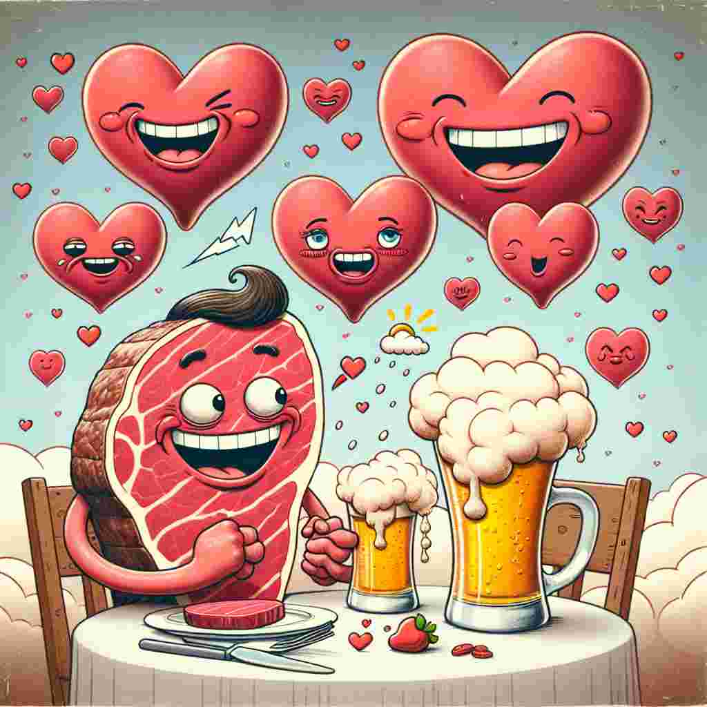 Create an image of a whimsical Valentine's Day setting with large, exaggerated hearts floating in the background. At the center, there is a charmingly illustrated medium-rare steak, personified with a cheerful smile and holding hands with a hilariously drawn man of unspecified descent. The man's modesty is preserved by illustrative weather icons strategically placed. Both characters are sitting at a cozy table with two frothy beer mugs, the effervescence from the mugs conveying a sentiment of celebration and affection.
Generated with these themes: Steak, Naked men , Weatherspoons , and Beer .
Made with ❤️ by AI.