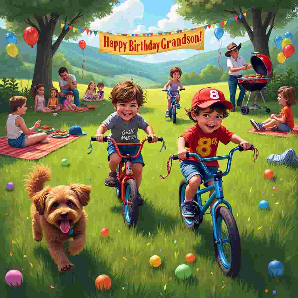 In a vibrant, sprawling field with lush green grass and a backdrop of gently rolling hills, the scene bursts into life with joyful details. At the center of the scene is a lively birthday gathering. A group of friends, all around the age of 8, are zipping around on miniature BMX bikes, each bike painted in vivid, playful colors like electric blue, candy apple red, and sunshine yellow. 

The birthday boy, with a tousle of brown hair peeking out from under a bright red baseball cap that reads "8 Today!", is leading the pack. He's wearing a cool graphic tee with a big number 8 on it and jean shorts. His Mini BMX bike is a sleek, metallic blue, with streamers flowing from the handlebars. 

Nearby, a BBQ grill is sizzling with delicious treats – hamburgers, hot dogs, and veggie skewers, with the smoky aroma wafting through the air. The grill is manned by a jovial grandfather, wearing an apron that says “Grill Master” in bold, playful letters. 

Running around the field, full of boundless energy, is a cheerful brown Cockapoo with curly fur, its tongue lolling out in excitement. The dog occasionally tries to chase the kids on their bikes, adding an extra layer of playful chaos to the scene.

In the background, a colorful banner strung between two tall trees reads “Happy Birthday Grandson!” in bright, bold letters, fluttering in the gentle breeze. Scattered around the field are picnic blankets with friends and family lounging, laughing, and cheering on the BMX bikers. Balloons in every color imaginable dot the landscape, tied to picnic tables and blankets, adding to the festive atmosphere.

All these elements come together to create a dynamic, vivid scene that tells the joyous story of a birthday boy celebrating his special day in a unique and unforgettable way.
Generated with these themes: Mini BMX Bike, Brown Cockapoo, BBQ, Friends on mini BMX bikes, 8 years old, Grandson, Fields, Happy Birthday, and Birthday boy with baseball cap and brown haur.
Made with ❤️ by AI.