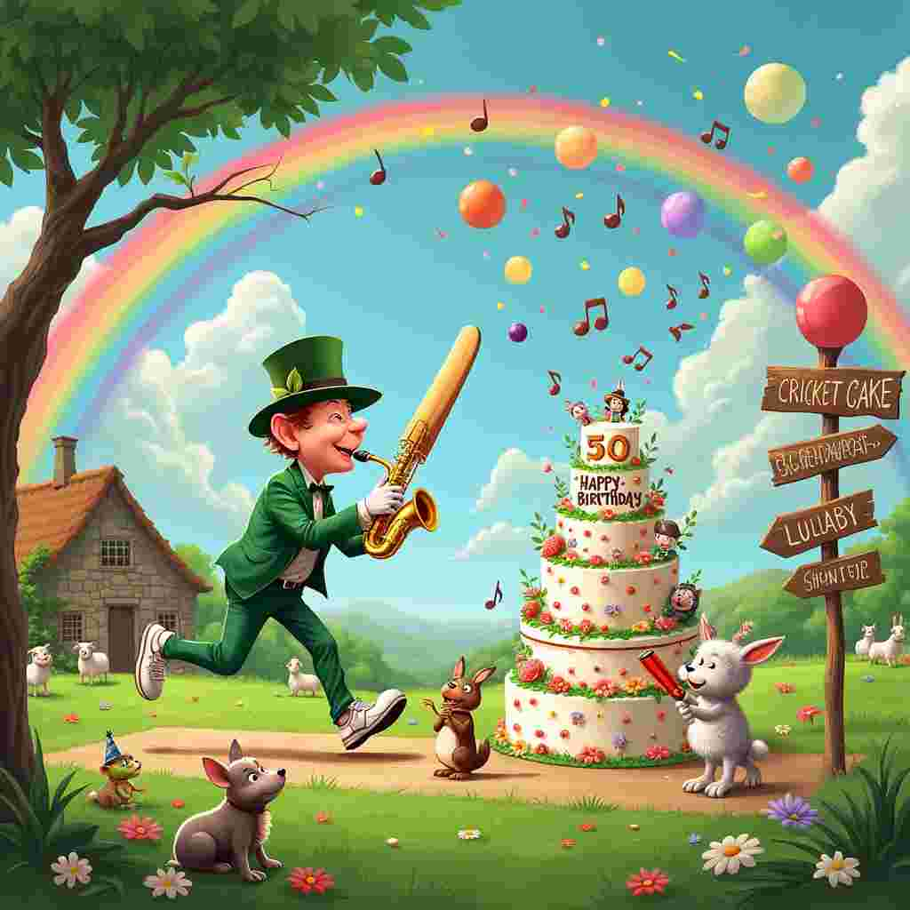 The scene bursts to life in a lush, emerald-green Irish countryside, complete with gently rolling hills, a quaint stone cottage, and sheep grazing under a brilliantly arched rainbow that stretches across the sky. Centered in this vibrant landscape is a lively cricket match in progress. The batsman, a caricature of an energetic, slightly over-the-top 50-year-old celebrating their birthday, swings the bat wildly while balancing on one leg, sending a ball soaring through the air.

Nearby, a jovial group of cartoon characters—reminiscent of the Peanuts gang but with a unique twist—are gathered around a multi-layered, lavishly decorated birthday cake that prominently reads "Happy 50th Birthday, Lynne!" in colorful icing. The cake is adorned with miniature cricket players and musical notes, blending the themes seamlessly.

In the background, a jolly leprechaun, donning a green tuxedo and top hat, is playing a golden saxophone. Musical notes float whimsically through the air, mixing with the sounds of the cricket game and forming a melody that seems almost visible. The notes dance around the scene and culminate in forming "Lynne" in the fluffy white clouds that drift lazily above the rainbow.

Standing next to the leprechaun, a small crowd of animals—each with a hint of human-like expressions—are singing in unison, their little mouths wide open in joyous harmony. Among them, a sheep is wearing a party hat, a frog is holding a microphone, and a rabbit plays a tiny drum.

To one side, near the stone cottage, a signpost fashioned from rustic wood points in various directions with arrows labeled "Cricket Field," "Birthday Cake," "Saxophone Serenade," and "Leprechaun Lullaby," adding to the playful and eclectic mix of elements.

The entire scene is framed with cheerful, pastel-colored balloons and streamers that weave through the air, and every detail is carefully rendered to draw the viewer into this whimsical, multi-themed birthday celebration for Lynne.
Generated with these themes: 50th birthday, Singing, Cricket, Rainbow, Ireland, and Saxophone.
Made with ❤️ by AI.