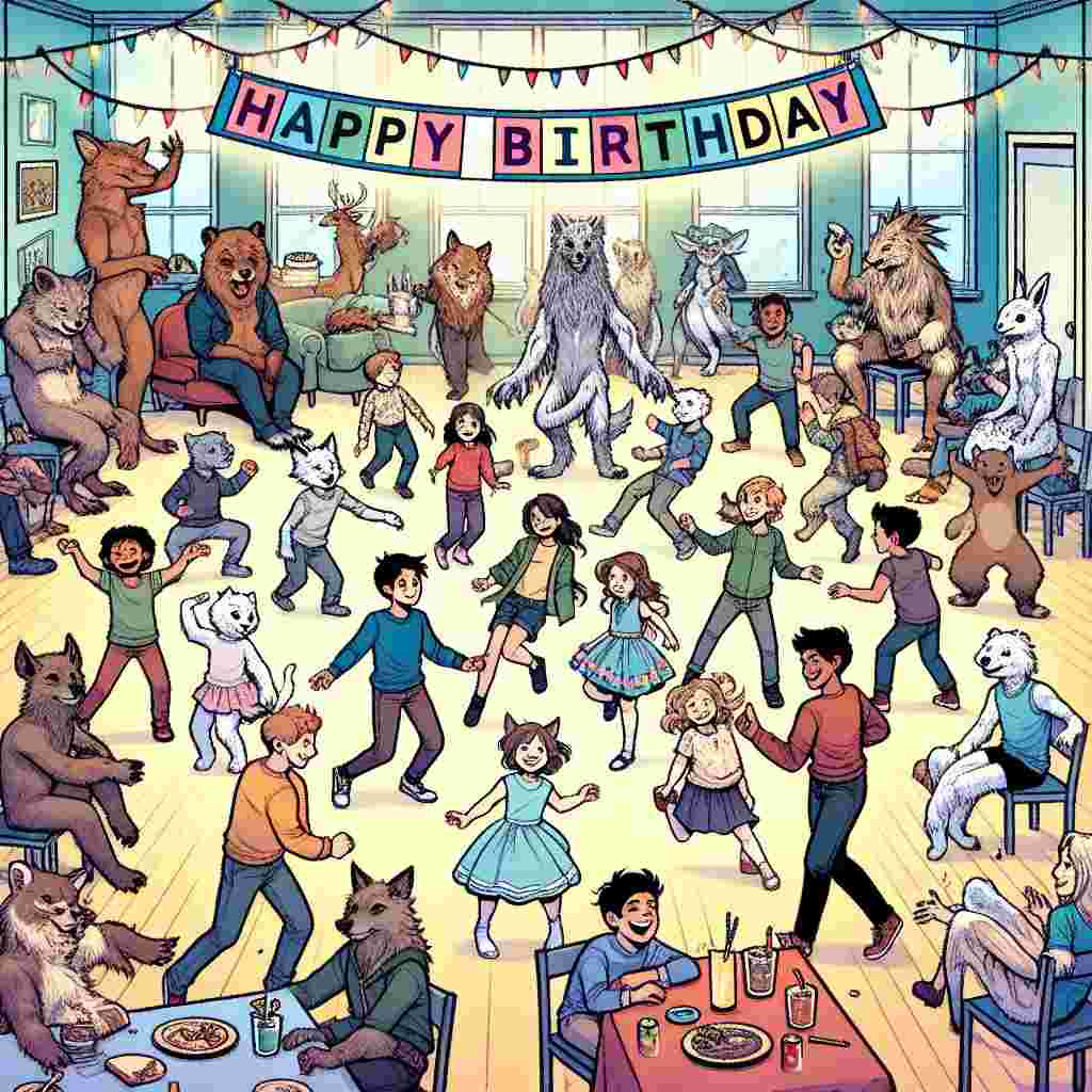 An illustration captures a festive room filled with laughter as a mix of children and anthropomorphic animals engage in fun party games. In the center, a 'Happy Birthday' banner is displayed prominently, with strings of lights and paper decorations enhancing the joyful vibe amongst friends.
Generated with these themes: friends  .
Made with ❤️ by AI.