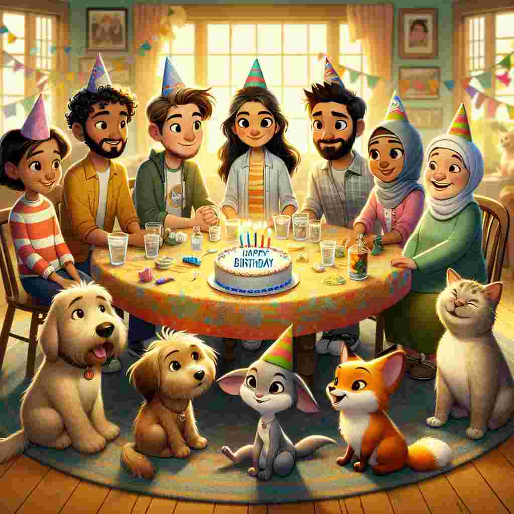 Depicted is a cozy scene with a group of cartoon friends, both humans and animals, sitting at a round table covered with a colorful tablecloth, party hats on their heads, and a cake in the middle with 'Happy Birthday' icing on top. The warm tones and soft lighting add to the inviting and affectionate mood of the gathering.
Generated with these themes: friends  .
Made with ❤️ by AI.