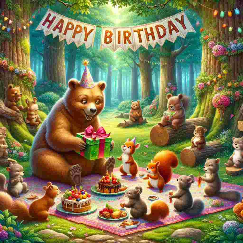 The scene is set in a whimsical garden where a circle of friends made up of cute forest creatures are seated at a picnic, with a birthday banner reading 'Happy Birthday' strung between trees. A bear is handing over a gift to the birthday squirrel, adding a sense of camaraderie and celebration.
Generated with these themes: friends  .
Made with ❤️ by AI.
