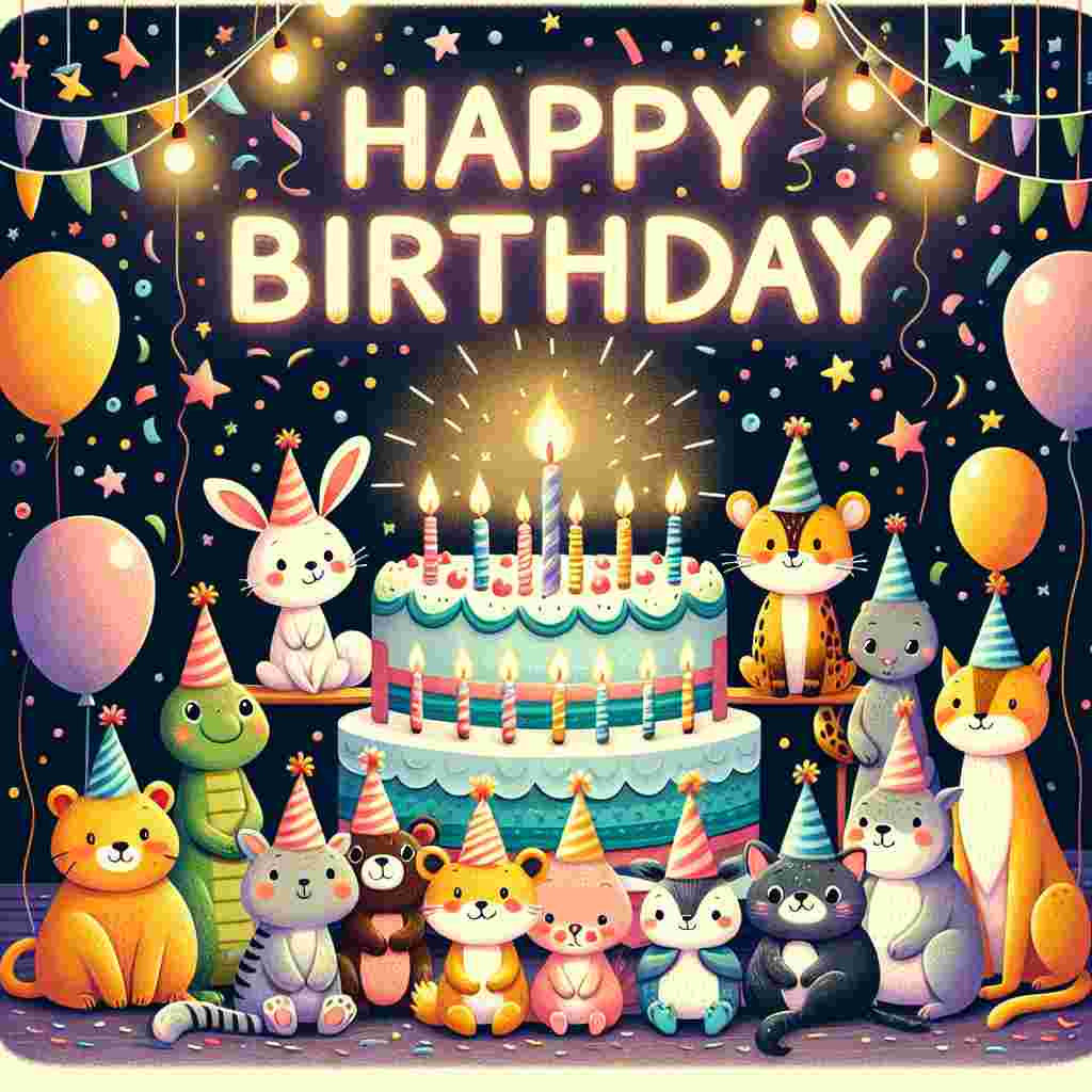 A heartwarming illustration shows a group of diverse animal friends wearing party hats gathered around a large birthday cake with lit candles. Above them, the phrase 'Happy Birthday' is written in colorful, playful letters against a backdrop of floating balloons and confetti.
Generated with these themes: friends  .
Made with ❤️ by AI.