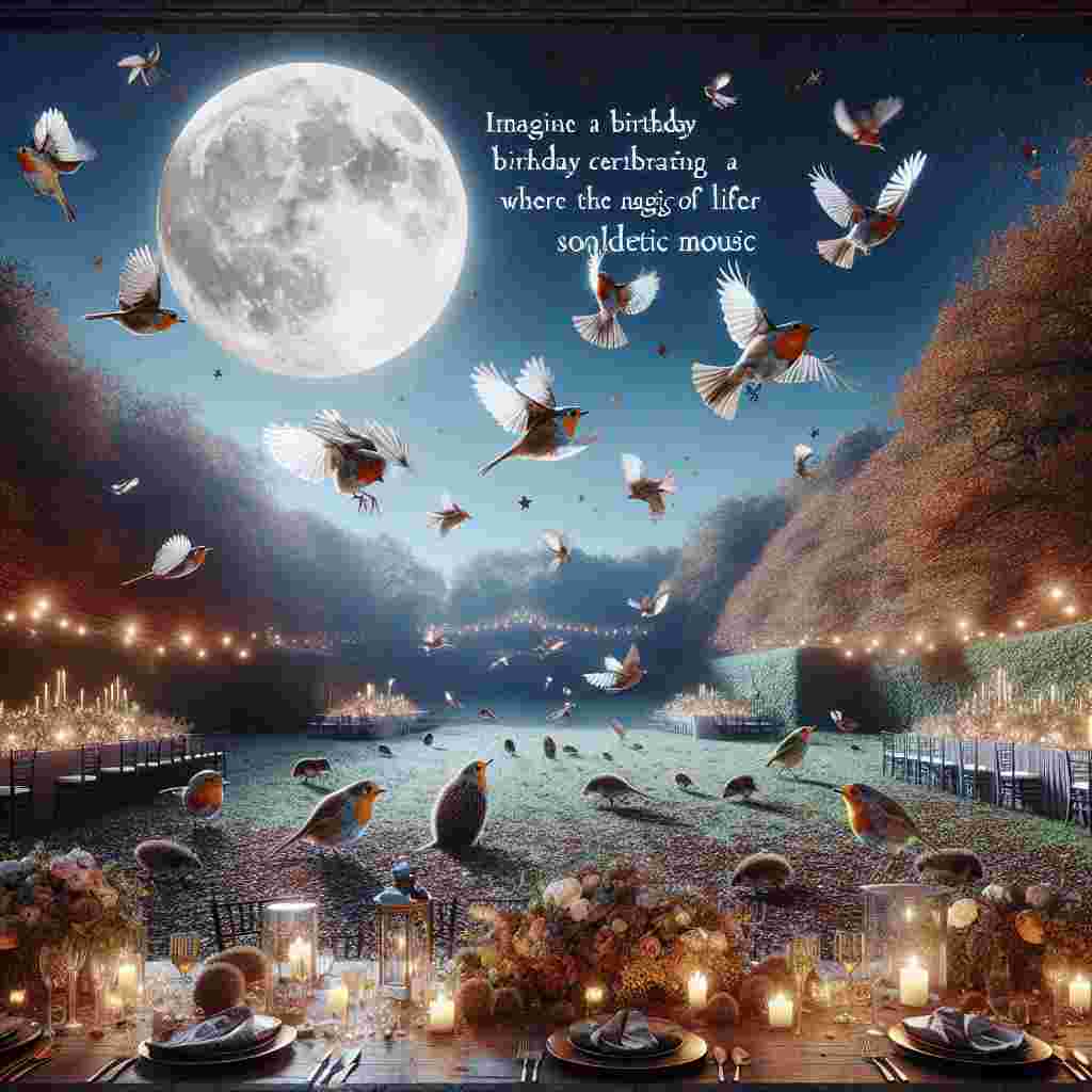 Imagine a birthday celebration on a clear autumn night where the magic of nature merges with gothic elegance. The centerpiece of this party sees delicate robins fluttering synchronously to ethereal music. Their songs reverberate under the full moon's protective gaze. The landscape brims with life, with hedgehogs rustling the fallen leaves, adding a playful charm. Illuminated by the soft, natural light of the moon, the event exhibits a warm yet refined ambiance, ideal for marking the magic of another year passing.
Generated with these themes: Robins, Florence and the machine, The moon, Gothic, Nighttime , Hedgehogs , Autumn, and Nature.
Made with ❤️ by AI.