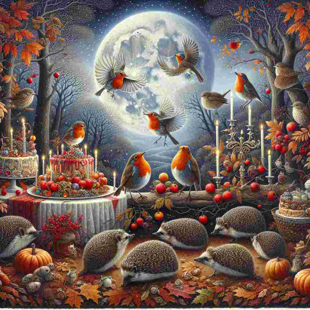 A picturesque depiction of a birthday tableau that fuses the merriment of nature and the intrigue of a gothic night gathering. Robins, their crimson breasts catching the silver moonlight, dance in a near choreographed fashion to the ethereal tunes filling the cool autumn air. Hedgehogs, endearing in their curiosity, skitter amongst the crisp fallen leaves, enhancing the gathering's bucolic allure. The moon, a serene heavenly body, drapes the drama of its celestial glow over the scene, crafting a canvas both soothing and stark in its otherworldly elegance. Here, nature and the gothic aesthetic coil together, rejoicing in existence amidst the soft murmurs of the autumn evening.
Generated with these themes: Robins, Florence and the machine, The moon, Gothic, Nighttime , Hedgehogs , Autumn, and Nature.
Made with ❤️ by AI.