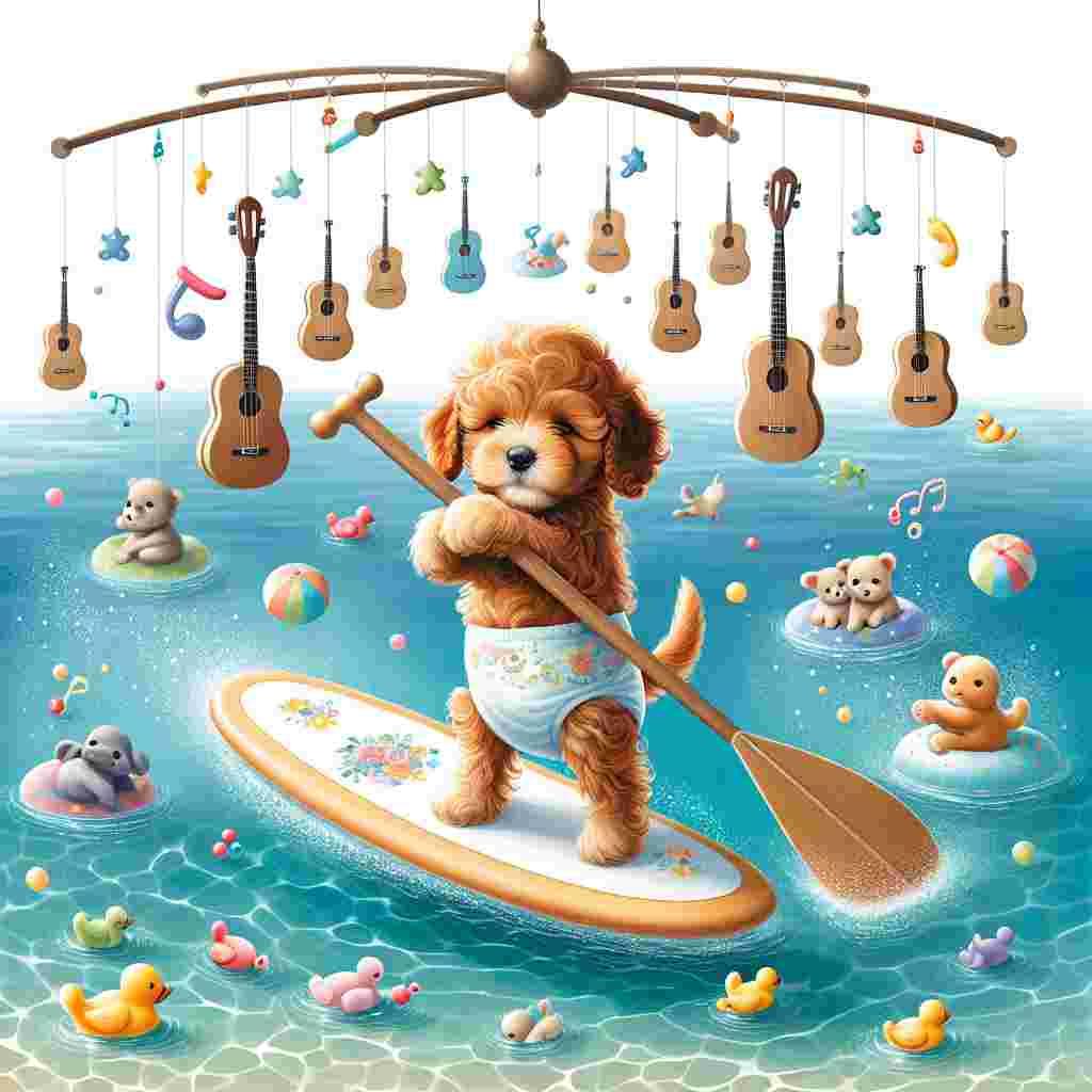 Envisage a delightful illustration featuring a playful cockerpoo puppy wearing a little diaper, clumsily attempting to maneuver a paddleboard amidst the crisp waters of a shining pool. The area around the puppy is scattered with assorted floating baby toys. Hovering above the scene is a spinning mobile composed of miniature guitars, each generating soft lullaby tunes as they sway from colorful streamers. This scene emanates a whimsical air, an homage to the celebration of a petite, newborn bundle of joy.
Generated with these themes: Cockerpoo, Paddleboard, and Guitar.
Made with ❤️ by AI.
