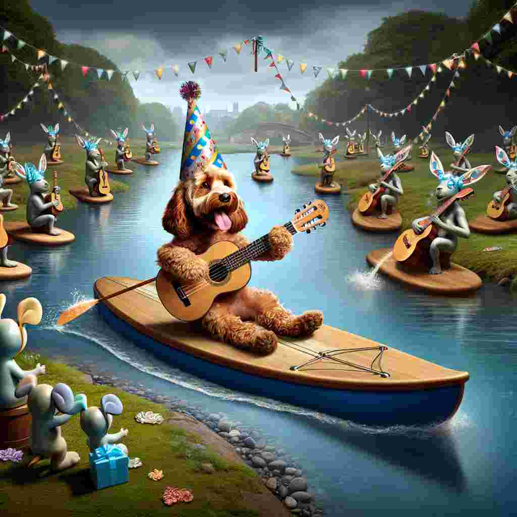 A fantastical image of a cockerpoo, full of joy and merriment, wearing a festive party hat and enthusiastically manning a paddleboard as it traverses a tranquil river symbolizing good wishes. On the bank of the river, there's a gathering of guitar-shaped creatures, their strings adorned with light-colored ribbons to celebrate a newborn. The guitars, alive and sentient, play a heartwarming tune to welcome the newcomer, projecting an ambiance of laughter, adoration, and the anticipation of future fun-filled journeys.
Generated with these themes: Cockerpoo, Paddleboard, and Guitar.
Made with ❤️ by AI.