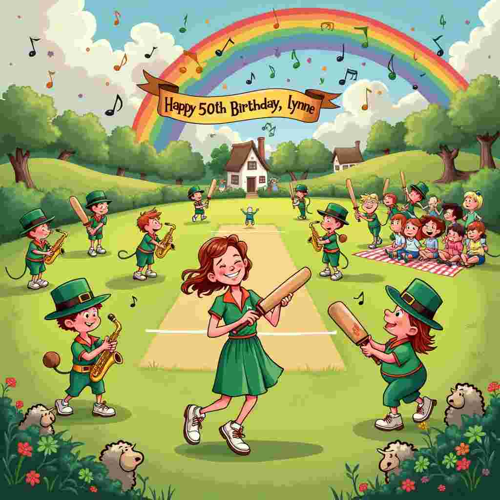 Imagine a bustling, vibrant scene set in a whimsical Irish countryside on a sunny day, complete with a picturesque rainbow arching across the sky. Beneath the rainbow, an energetic cricket match is taking place on an emerald green field. The players, a mix of leprechauns and cartoonish humans, are clad in traditional cricket whites, their faces beaming with joy. 

In the center of the field stands Lynne, the birthday star, dressed in a snazzy green cricket uniform with a shamrock emblem. She’s holding a cricket bat and looks ready to take a mighty swing. Above her, a banner made of floating musical notes, each one a bright, bold color, spells out "Happy 50th Birthday, Lynne!" The notes appear to be dancing in the air, creating a lively, celebratory atmosphere.

To the left of the field, a group of cheerful, anthropomorphic saxophones—think classic Disney-style with big, expressive eyes and smiling mouths—are playing a jazzy birthday tune. Each saxophone sports a tiny leprechaun hat, adding to the Irish charm of the scene. The sound waves from their music are illustrated as colorful, wavy lines that mingle with the rainbow above.

Behind the cricket field, there’s a rolling hill with a quaint, white-washed Irish cottage, complete with a thatched roof and a small garden of shamrocks and flowers in full bloom. From the chimney, whimsical clouds of smoke form into the letters of Lynne's name, stretching out lazily into the azure sky. 

A friendly sheep, reminiscent of Gary Larson’s quirky characters, is munching on the grass near the cricket boundary, while in the background, a group of children—perhaps inspired by Bill Watterson’s Calvin and Hobbes—are playing and laughing, their carefree spirits captured in dynamic, playful poses.

In the far right corner, Charles Schulz-style characters, a group of Lynne’s friends, are sitting on a picnic blanket. They are clapping and singing "Happy Birthday" while a large, multi-tiered cake shaped like a cricket ball with candles on top sits in the center of the blanket. The cake is decorated with colorful icing that mirrors the hues of the rainbow above.

Every element of this scene combines to tell a joyful, animated story that perfectly celebrates Lynne's 50th birthday with a harmonious blend of Irish charm, cricket enthusiasm, and musical delight.
Generated with these themes: 50th birthday, Singing, Cricket, Rainbow, Saxophone, and Ireland.
Made with ❤️ by AI.