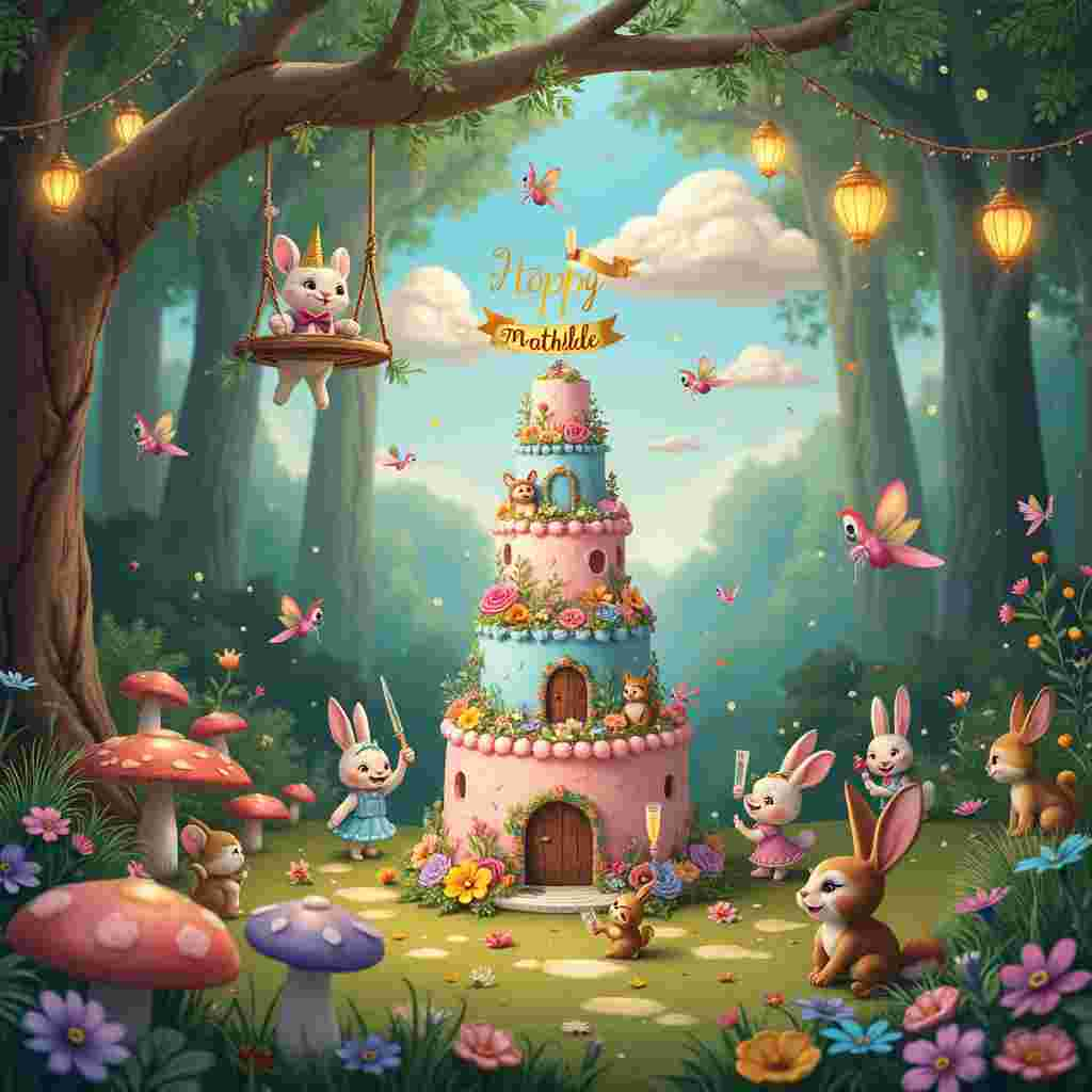 In the whimsical scene, imagine a lush, enchanted forest clearing where a grand birthday celebration is taking place. In the center of the clearing, a colossal cake stands as the centerpiece, with layers resembling a fantastical castle made of vibrant pastel colors, each layer adorned with intricate sugar flowers, and miniature edible fairy tale creatures like unicorns, dragons, and whimsical gnomes. 

At the very top of the cake, there is a golden banner waving in the gentle breeze that reads "Happy Birthday Mathilde" in elegant, calligraphy-style frosting. Surrounding the cake, a variety of woodland animals dressed in tiny party hats and bow ties are gathered in a circle, raising their tiny glasses of sparkling cider in a toast to Mathilde. 

To the left of the cake, there is a large oak tree with a swing attached, on which a cheerful squirrel is swinging, holding a small gift-wrapped present. The forest floor is carpeted with colorful wildflowers and sprinkled with confetti, and near the base of the tree, a group of rabbits are dancing around a mushroom that is serving as a DJ booth, complete with turntables and a rabbit DJ wearing oversized headphones.

Above the scene, in the sky, fluffy clouds spell out "Mathilde" as if they were gently painted by a celestial brush, giving the entire celebration an ethereal touch. Tiny fairies with iridescent wings flit around the scene, sprinkling glittering fairy dust, adding to the magical atmosphere. Lanterns made of giant fireflies are strung between trees, illuminating the gathering as the day turns to twilight.

The overall setting is a playful and vibrant combination of nature and fantasy, capturing the joy and whimsy of celebrating Mathilde's special day in an unforgettable way.
Generated with these themes: cake.
Made with ❤️ by AI.