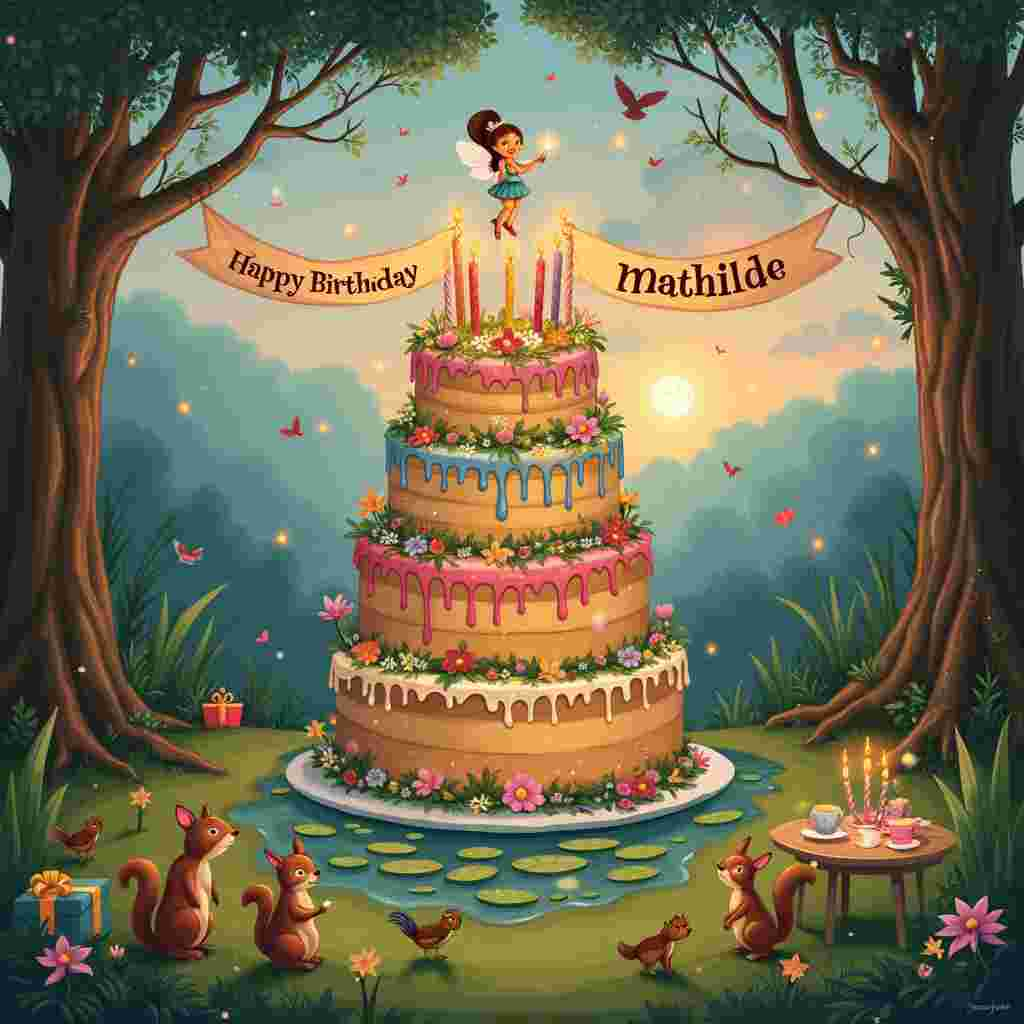 In the middle of a whimsical forest clearing, a giant, multi-layered birthday cake stands as the centerpiece. The cake, adorned with vibrant icing and topped with an array of colorful candles, is so large that small woodland creatures—squirrels, birds, and rabbits—are playfully gathered around it, eagerly waiting for a taste. Each layer of the cake is decorated with tiny, edible flowers and leaves, adding to its enchanting appearance.

Above the cake, strung between two tall, ancient oak trees, is a hand-painted banner with "Happy Birthday Mathilde" written in elegant, looping letters. The banner is adorned with tiny fairy lights, making the message twinkle and glow. 

Behind the cake, the forest opens up to reveal a sparkling, crystal-clear pond with lily pads and frogs serenading the festivities. The sky above is painted with soft, pastel hues of pink and orange as the sun sets, and a flock of birds forms the shape of a heart as they fly across the sky, adding a touch of magic to the scene.

In the background, fireflies dance in the dusk, and a small wooden table set with charming teacups and saucers is ready for a tea party. A gentle breeze causes the leaves of the trees to sway, and a few balloons, tied to tree branches, float lazily above the scene.

A few presents wrapped in colorful paper with big, curly ribbons are scattered around the base of the cake, waiting to be opened. And perched on the top tier of the cake, a tiny, whimsical fairy holding a sparkler looks out with a knowing smile, as if sharing a secret just with Mathilde.

Every element of the scene is filled with delight, making it a birthday celebration to remember.
Generated with these themes: cake.
Made with ❤️ by AI.