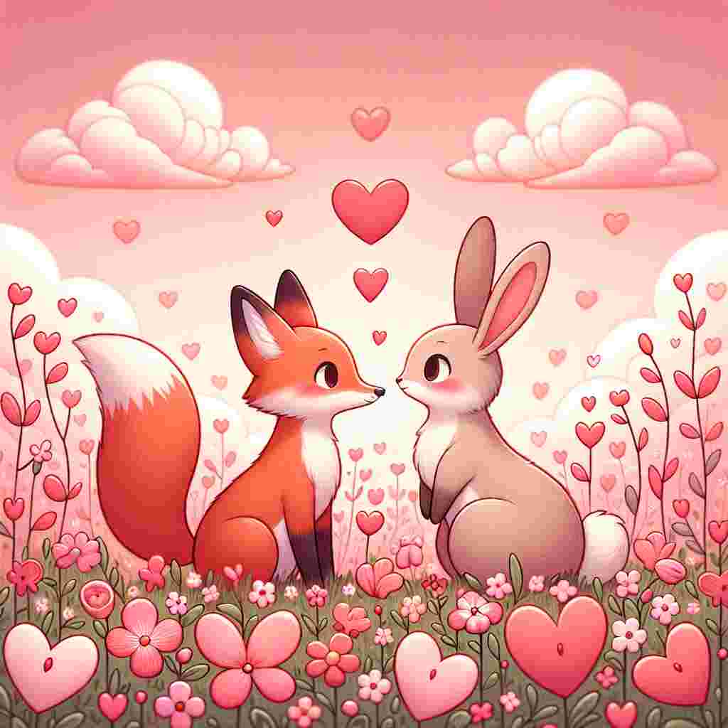 Create a Valentine's Day themed image with a fox and a rabbit in the center. They are exchanging a loving glance, standing amid a field abundant with pink flowers that have petals shaped like hearts. Above them is a sky with gentle clouds gradually transforming into heart shapes. The love between them is indicated by a small red heart floating above their heads, and their paws are softly overlapping, marking an affectionate bond.
Generated with these themes: Fox, rabbit, love.
Made with ❤️ by AI.