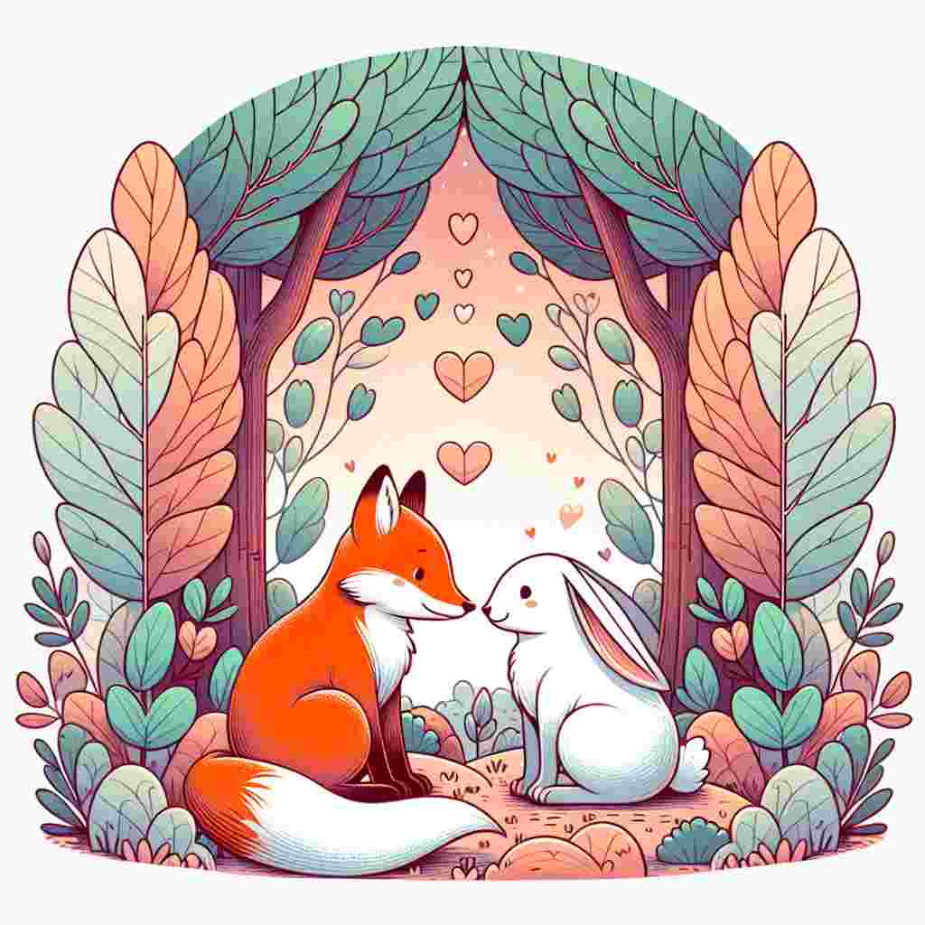 Generate a charming illustration for Valentine's Day which features a heartwarming scene of a fox and a rabbit sitting in proximity within a whimsical forest clearing. The trees around them have leaves shaped like hearts. The presented emotion is of mutual love and affection, reflected through the shared gaze between the fox and the rabbit, and the gentle touch of their noses, suggesting a touching nuzzle. The scene must be colored in soft pastel hues to emphasize the warmth and romantic sentiment of the occasion.
Generated with these themes: Fox, rabbit, love.
Made with ❤️ by AI.