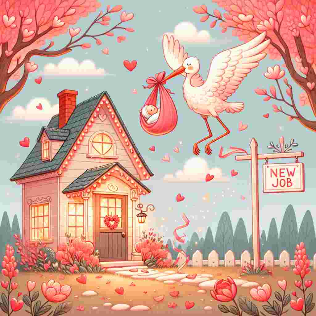 A delightful illustration suitable for Valentine's Day showcases the scene of a stork carrying a bundle containing a baby. Its destination is a snug house glowing warmly, snugly situated amongst trees bearing fruit in the shape of hearts. A yard sign in the front of the home celebrates the commencement of a 'New Job', garnished with flowing ribbons and strewn petals from roses. The sky above them all is a tender shade of pink.
Generated with these themes: Baby, House, and New job.
Made with ❤️ by AI.