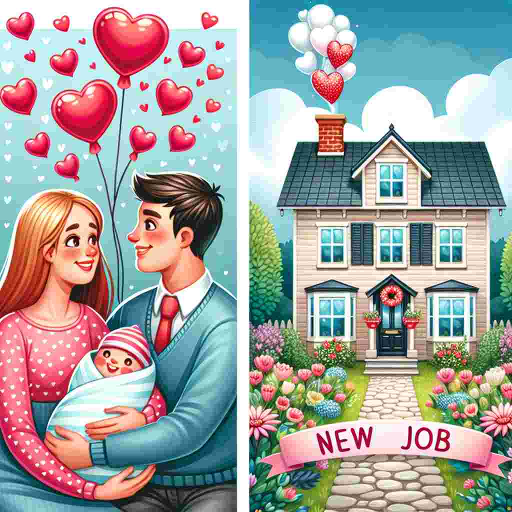 A Valentine's Day themed illustration containing a charming house filled with joy, shown by hearts appearing from the chimney. A Caucasian couple is seen smiling as they welcome a new baby into their family. The house is in close proximity to a thriving garden where a 'New Job' party is being held. The garden scene features heart-shaped balloons and a path of flowers leading to the house's front door, which is beautifully decorated with a wreath made from heart emblems.
Generated with these themes: Baby, House, and New job.
Made with ❤️ by AI.