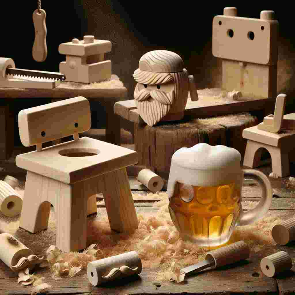 Illustrate a charming woodworking workshop decorated with various unfinished wooden inventions scattered on a robust workbench. In one corner, a frothy mug of beer is placed on a mound of wood shavings, emanating a shimmer indicative of a recent celebratory gesture. The dust of the saw beneath is curiously dotted with tiny beards, each boasting a unique, humorous style, suggesting unseen artisans. In the midst of the carpentry chaos is a cute wooden stool shaped like a log, featuring a hole in the seat, humorously hinting at it being a whimsical, rural lavatory, all contributing to a Father's Day environment full of laughter and inventiveness.
Generated with these themes: Woodwork, Beer , Beards, and Having a poo.
Made with ❤️ by AI.